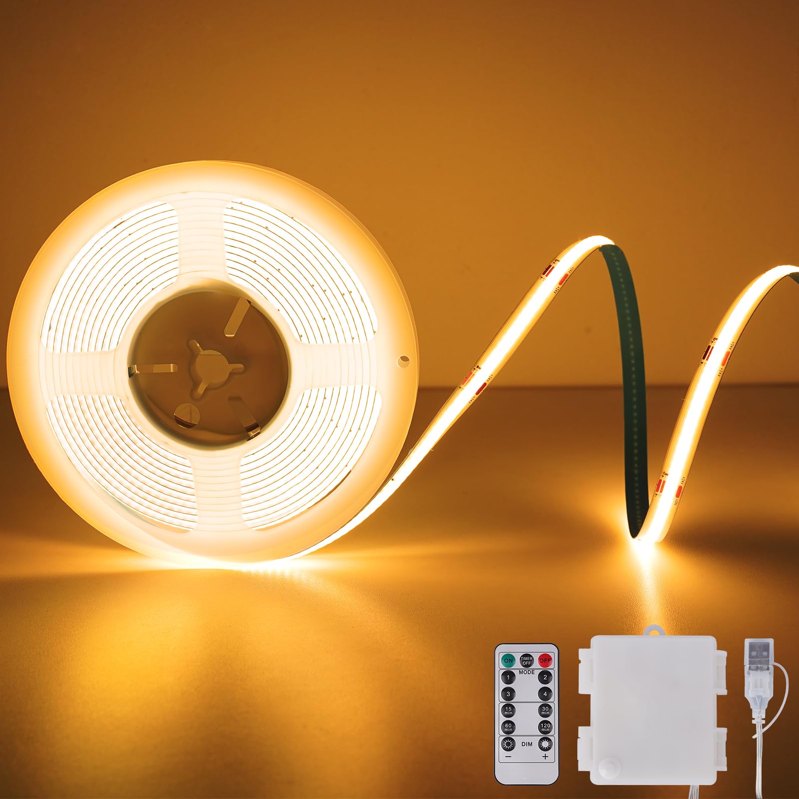 OMIKA RGB COB LED Strip Lights, 6.6FT 1152LEDs, Battery Powered, Remote Control, Dimmable, Flexible for Indoor/Outdoor Use