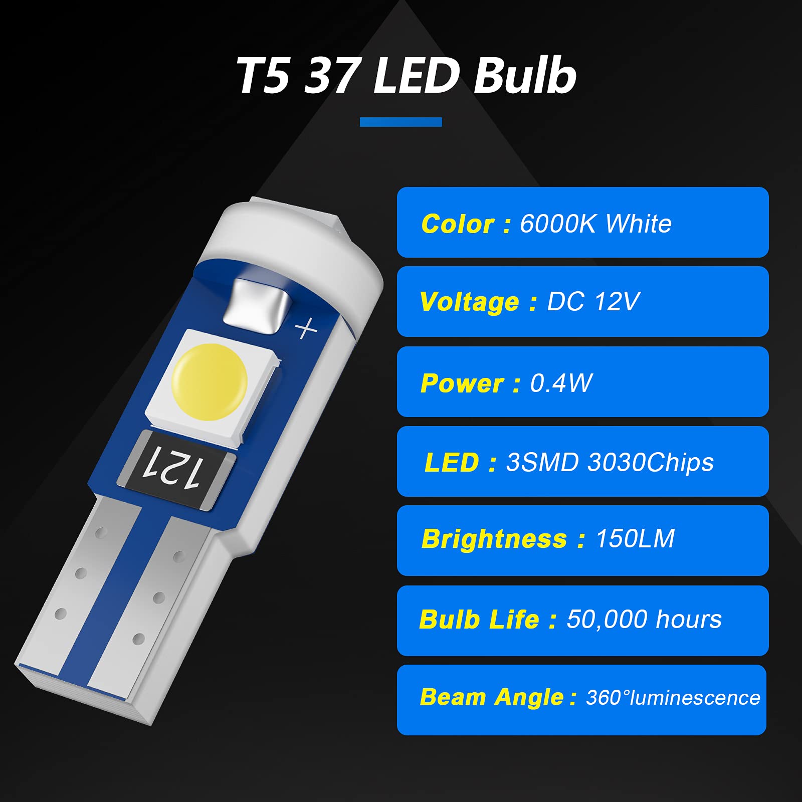 T5 Led Bulb, Cciyu 37 74 2721 3-Smd 3030 Led Bulb, Super White 73 2723 70 79 Wedge Led Bulb T5 Replacement Dash Dashboard Lights Instrument Panel Cluster Led Lamps Reading Light Map Light Bulb, 10Pcs