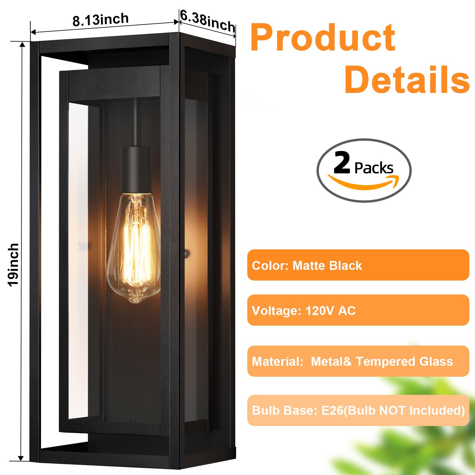 Slypadan 19" Outdoor Wall Lights, Matte Black Sconce Fixture, Waterproof, 2-Pack, Clear Glass Shade for Porch and Garage