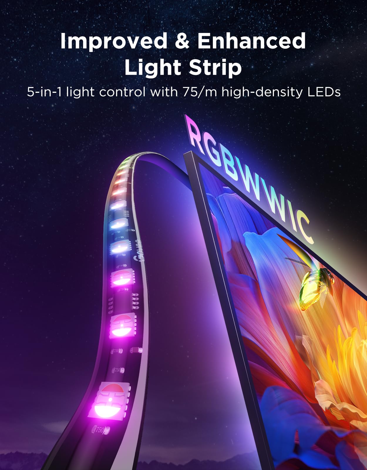 Govee Tv Backlight 3 Pro With Hdr Triple Camera  16.4Ft 5-In-1 Rgbwwic Led Strip Lights That Change With 75-85 Inch Tvs  75Leds/M  Supports Ai Filter  Smart App And Voice Control  Dreamview Sync