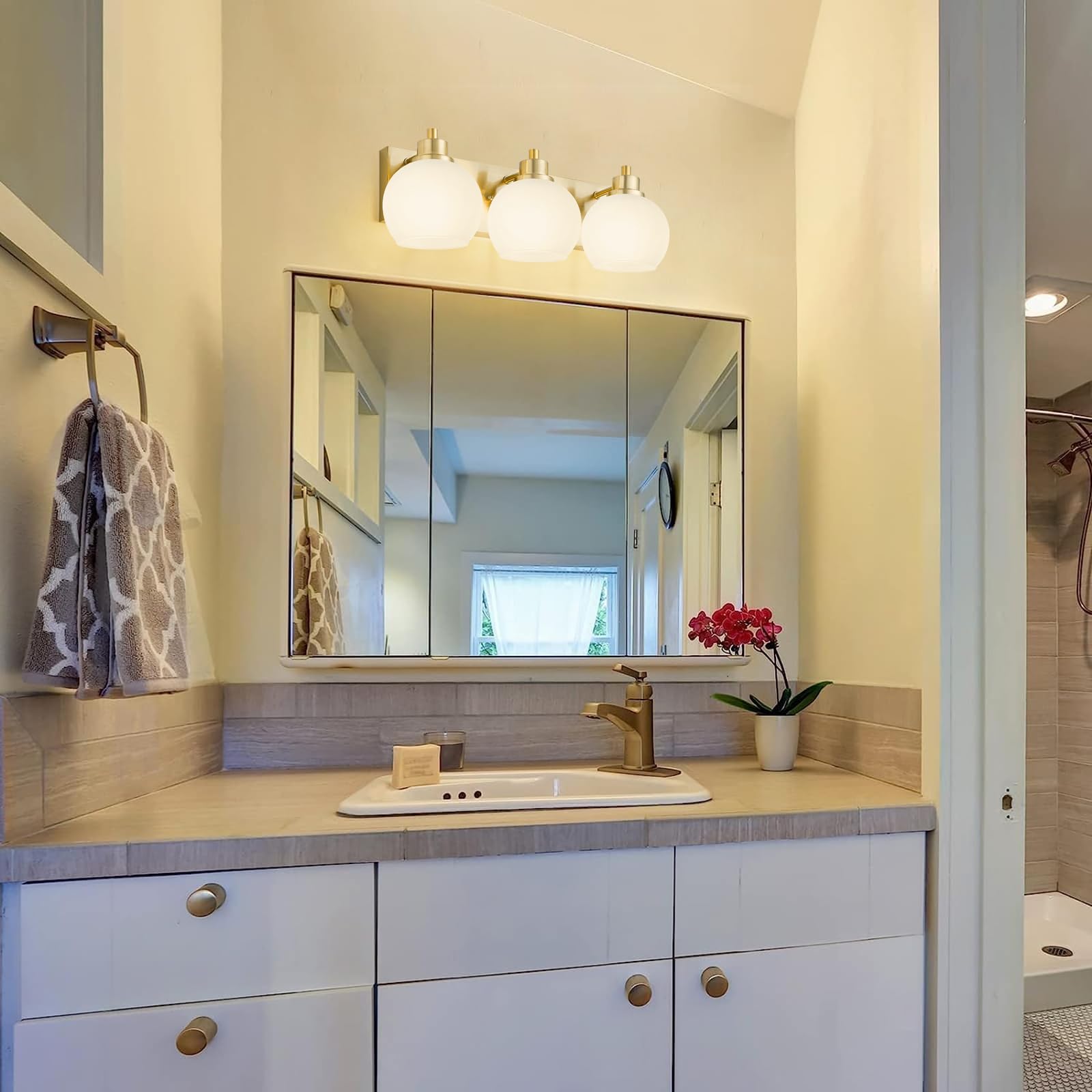 Tuscarora Gold Bathroom Light, 3-Light Brushed Gold Vanity Fixture with Milk Glass Shade, Model VL047