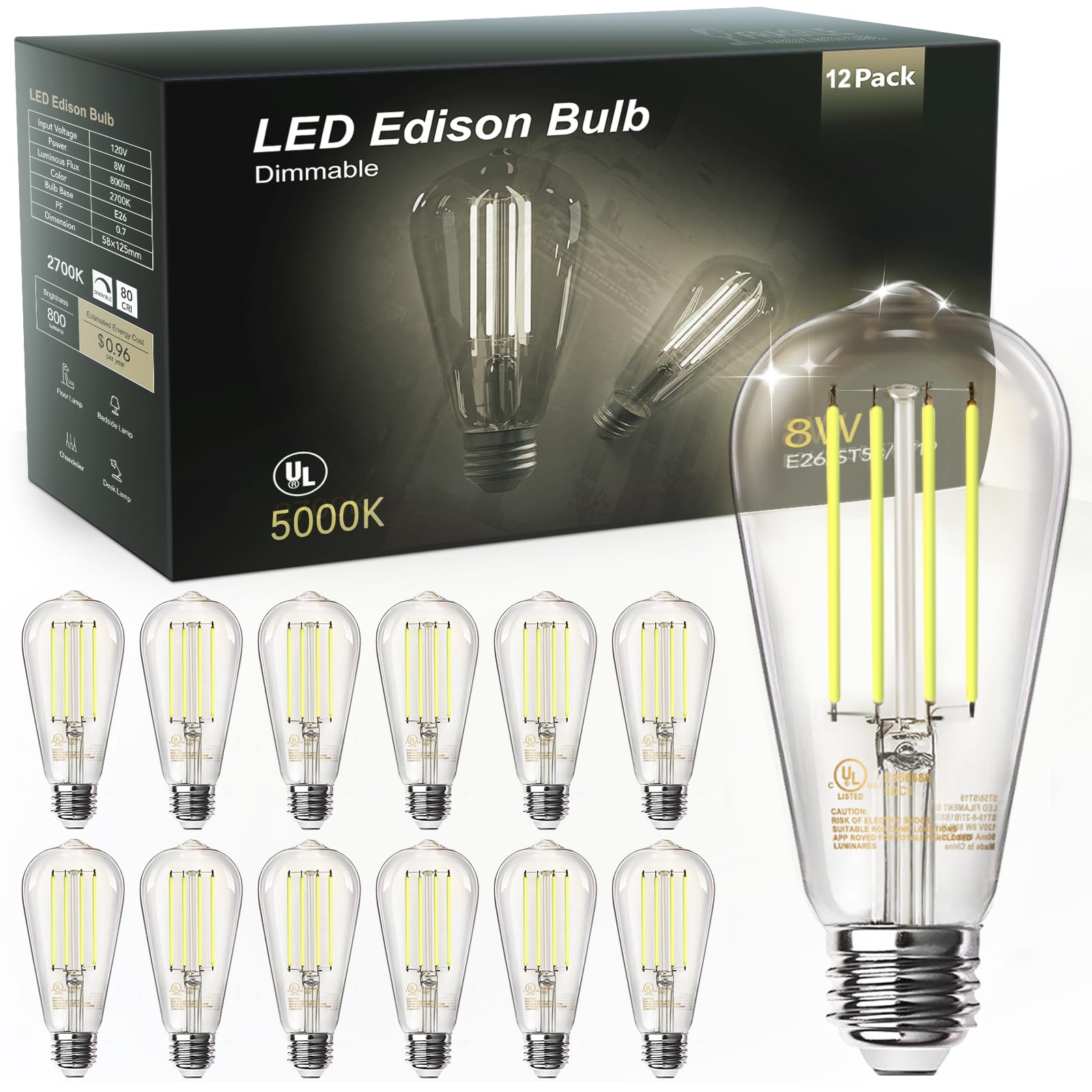 TJOY 12 Pack Vintage Edison LED Light Bulbs, Dimmable, 60W Equivalent, E26 Medium Base, 5000K Daylight, ST58, 8W, 800LM, Ultra-Bright, 80+CRI, Antique Decorative Filament, Clear Glass