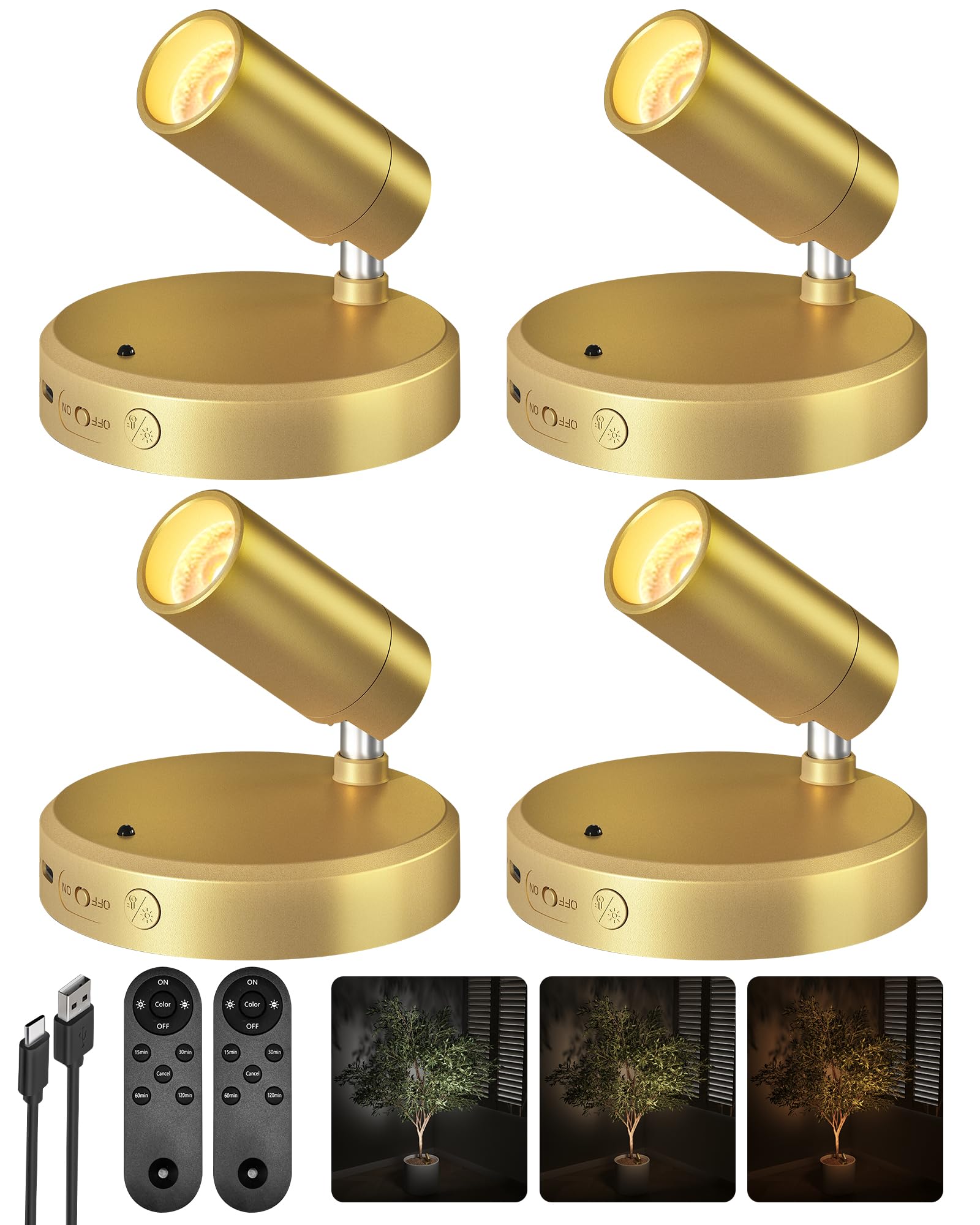 EZVALO LED Spotlight Indoor  5500mAh Rechargeable Battery Uplighting Indoor  Wireless Mini Art Accent Spot Lights with Remote  for Plants Display Discomfortting Dartboard Artwork Portrait Closet(4Pack-Gold)
