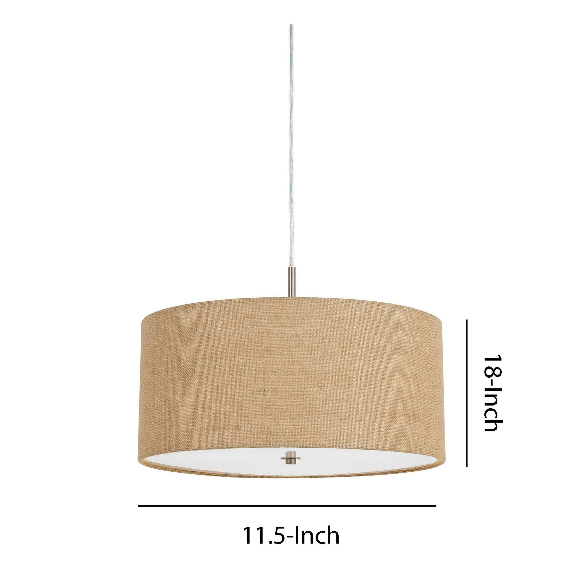 Benjara Metal Pendant Lighting With Fabric Circular Drum Shade And Cord, Beige
