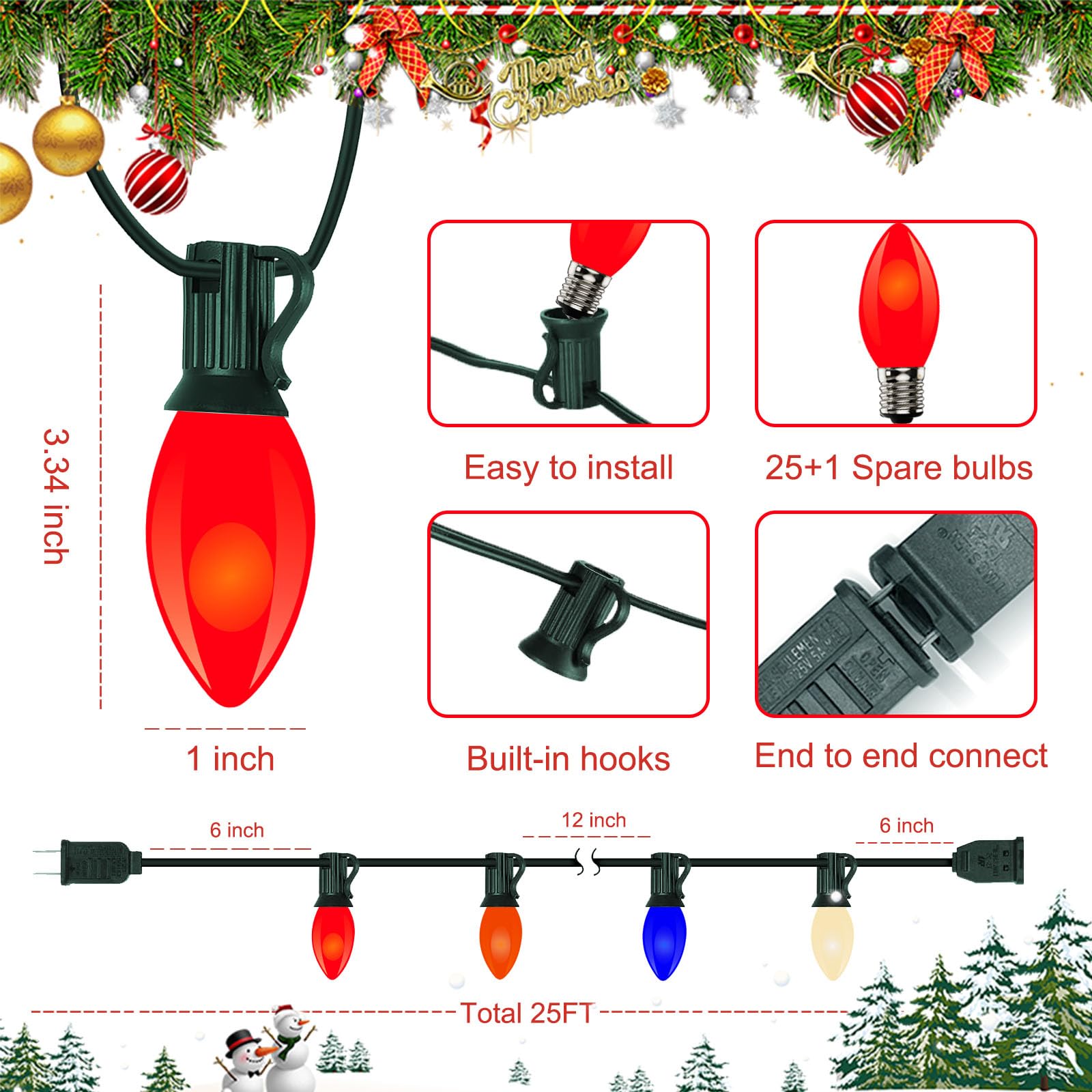 Egcol Vintage C9 LED Christmas Lights, 25ft, 26 Multicolor Bulbs, Plastic, Model ULP(9)-LR(20)(0.6W)