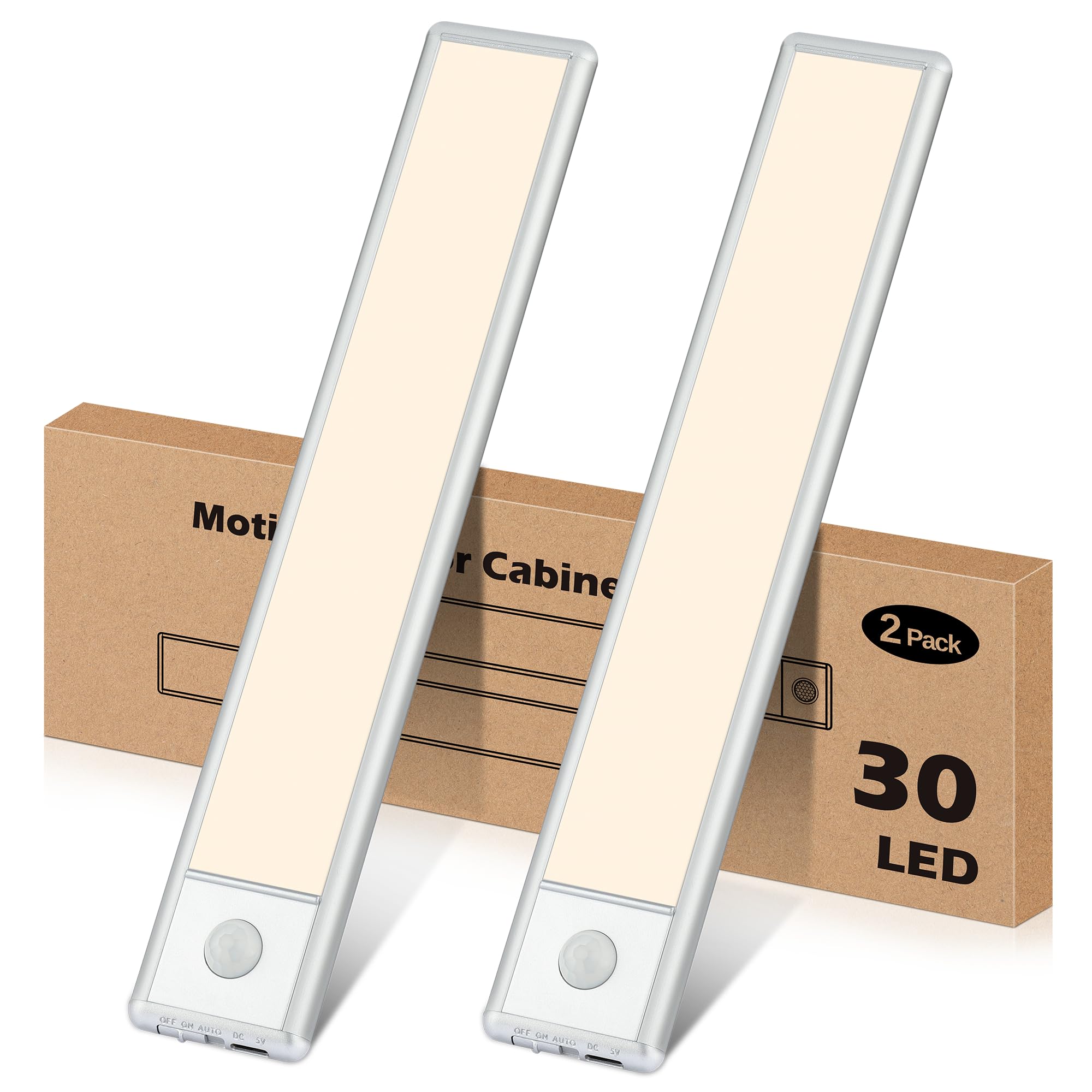 YLXS Motion Sensor Under Cabinet Lights, 30 LED, Magnetic, Rechargeable, 8 inch, Neutral White, Model T081, 2-Pack