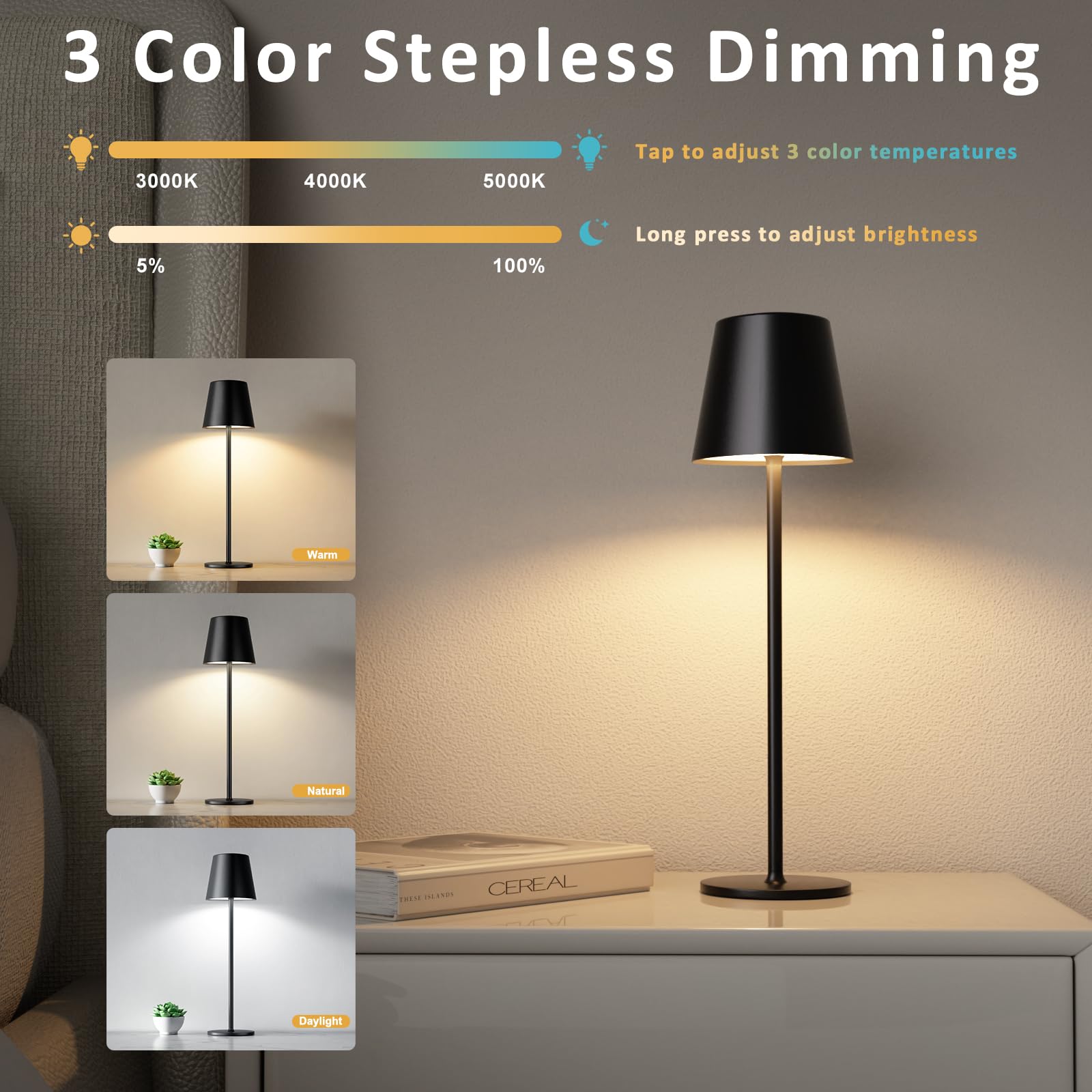 Kakanuo Cordless Table Lamp, 3 Color Stepless Dimming, 5000Mah Rechargeable Battery Powered, Outdoor Led Lamps, For Dining Room,