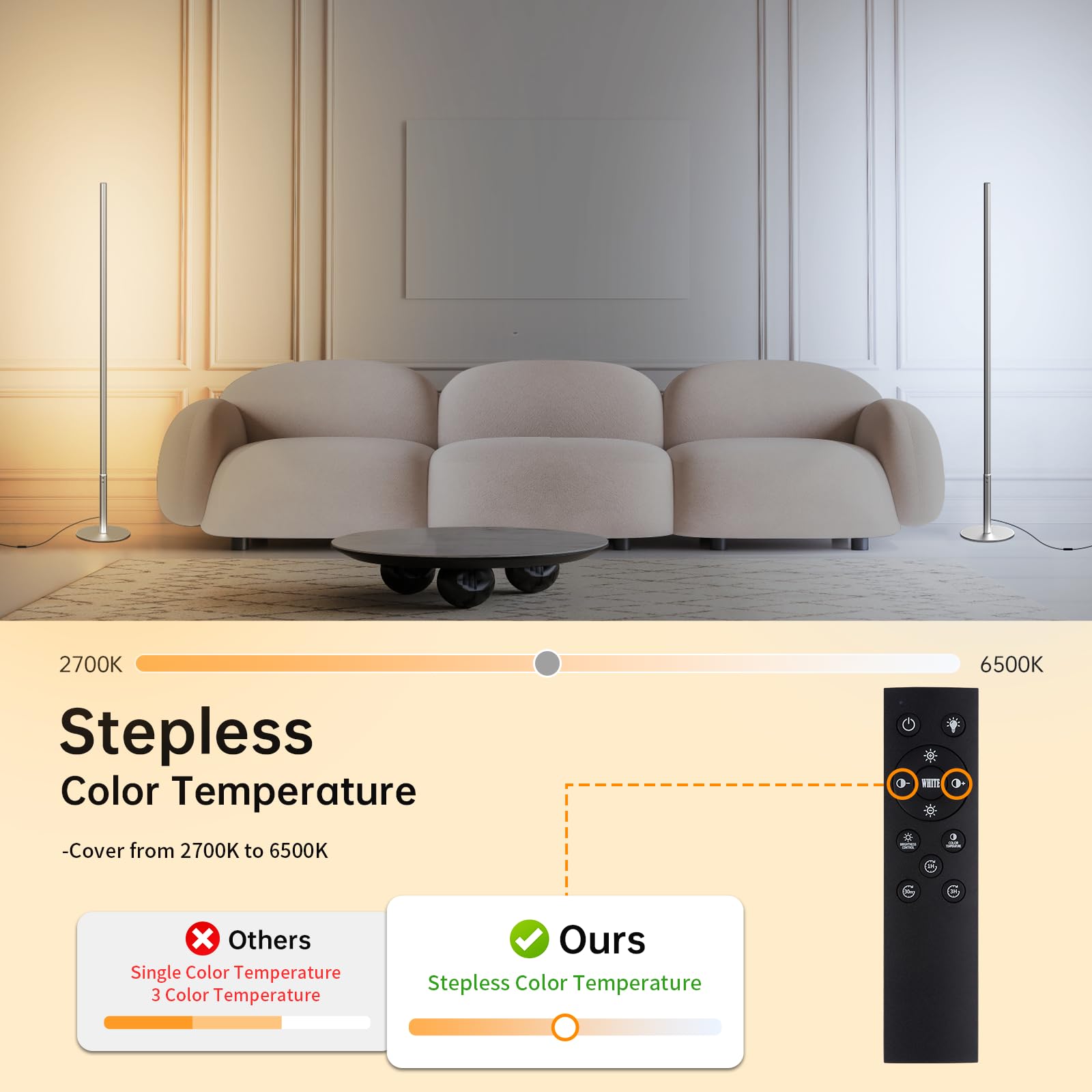 Marlrin Minimalist Corner Floor Lamp 2700K-6500K Dimmable With Remote Control 57.8'' Height Metal Slim Ambient Standing Led Ligh