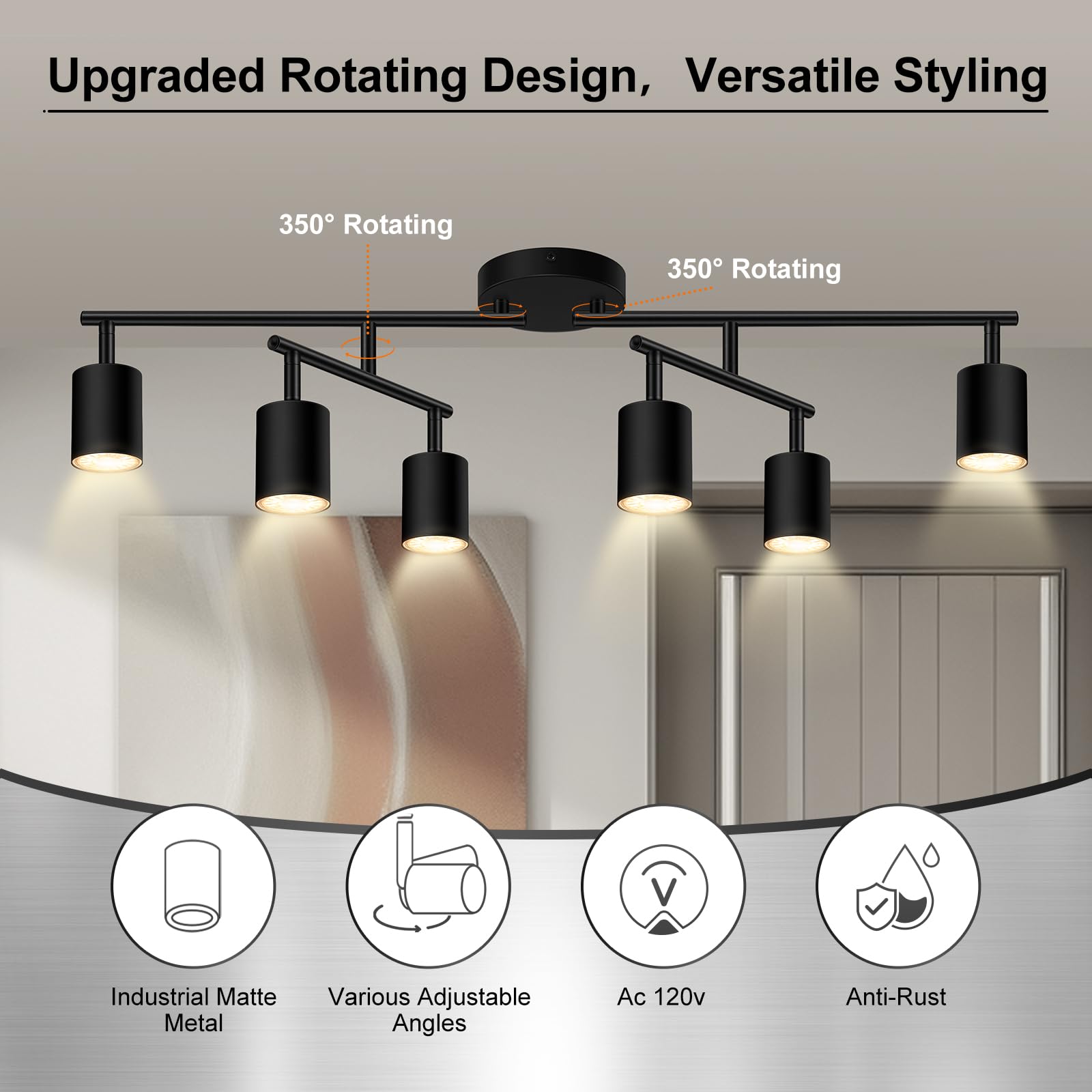 AUQUEE 6-Light Matte Black Track Lighting Fixtures, Rotatable LED Spot Lights for Kitchen/Hallway, Model AQC0661US
