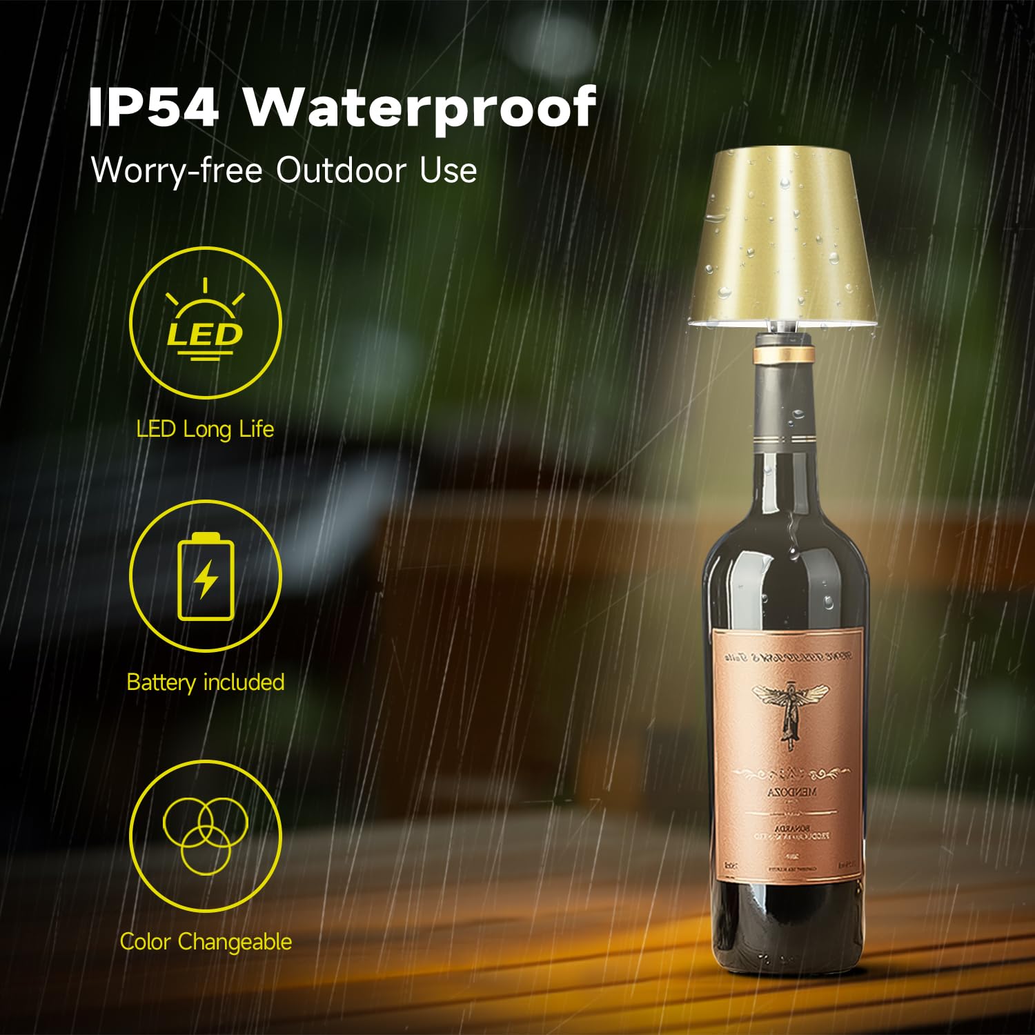 Hoide Wireless Bottle Lamp - LED Touch-Dimmable Night Light Kit, 5.7in, Mat Gold