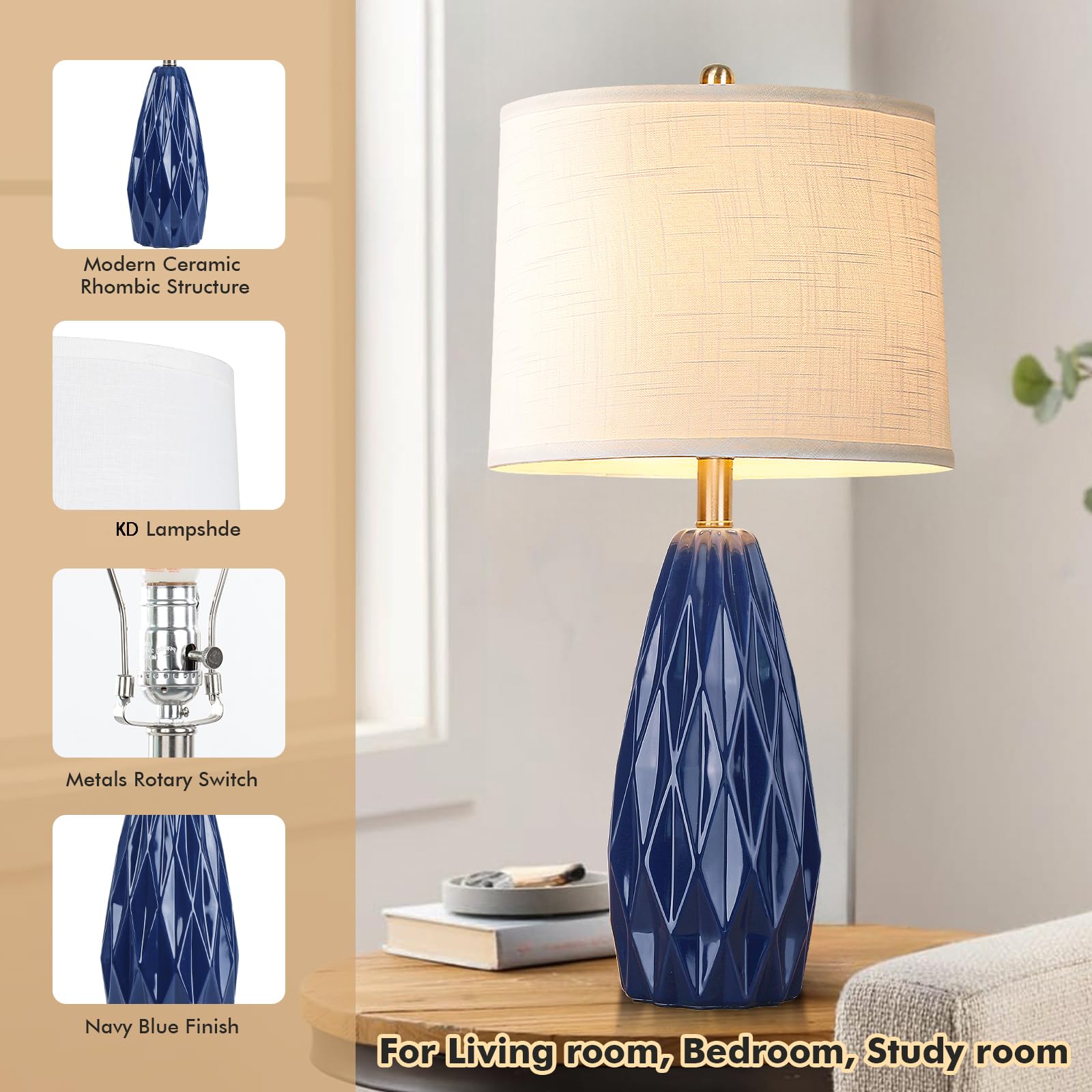 Kunruitai 25'' Geometric Navy Blue Table Lamp - Modern Ceramic, 3-Way Dimmable For Bedroom, Living Room