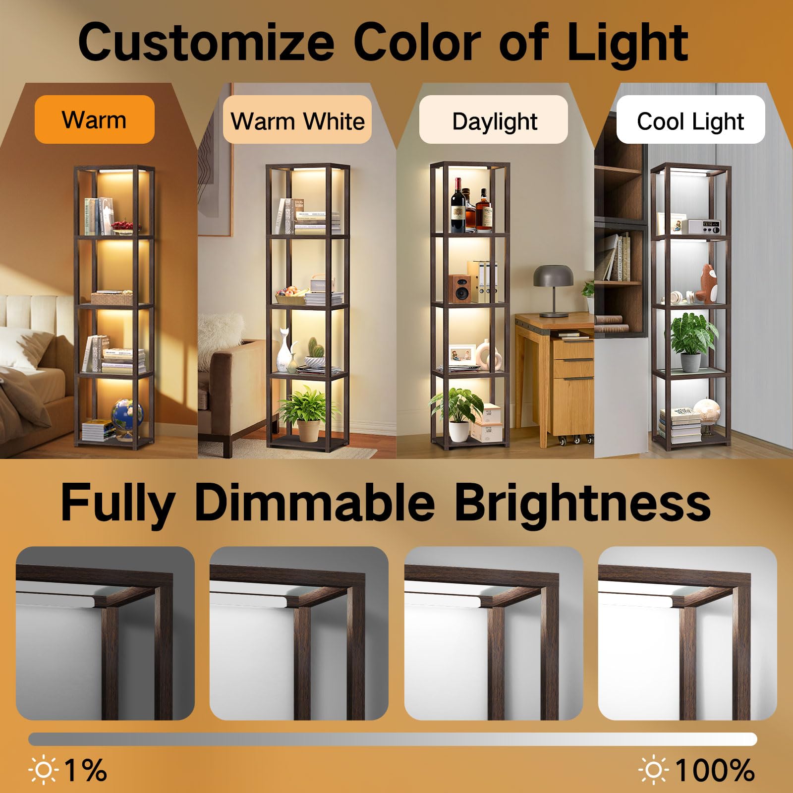 OUTON 67in Glass Display Shelf with Dimmable LED Lamp, 5 Tier Bookshelf, Walnut, Model ZSJ01