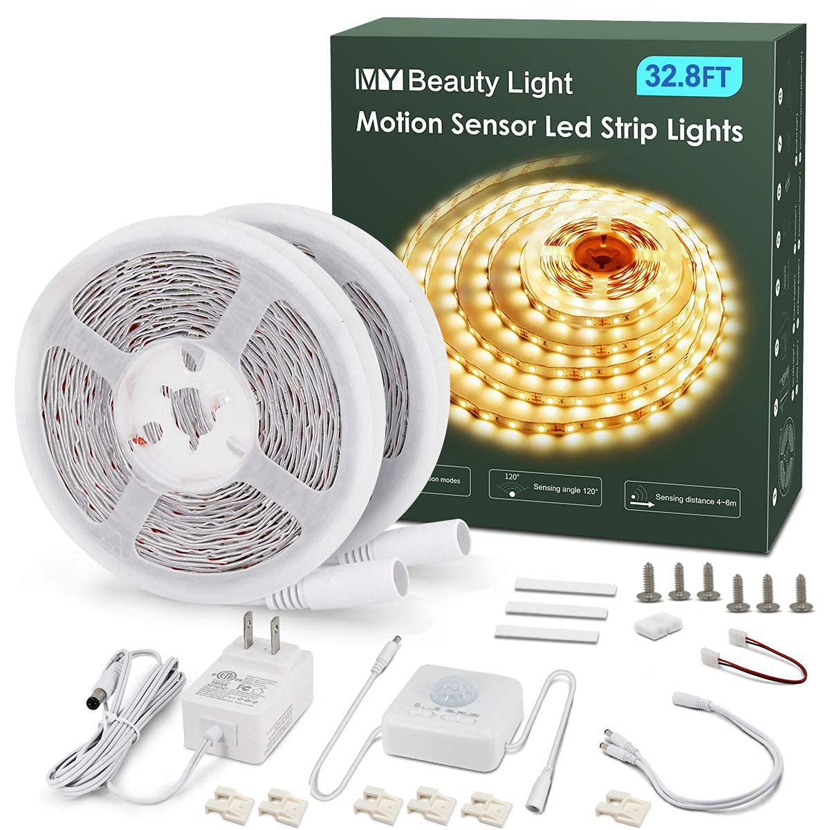My Beauty Light Motion Activated Led Strip Lights, 32.8Ft Warm White, Model Rg101, Plastic Material, 2 Lighting Modes, Under Cabinet Use