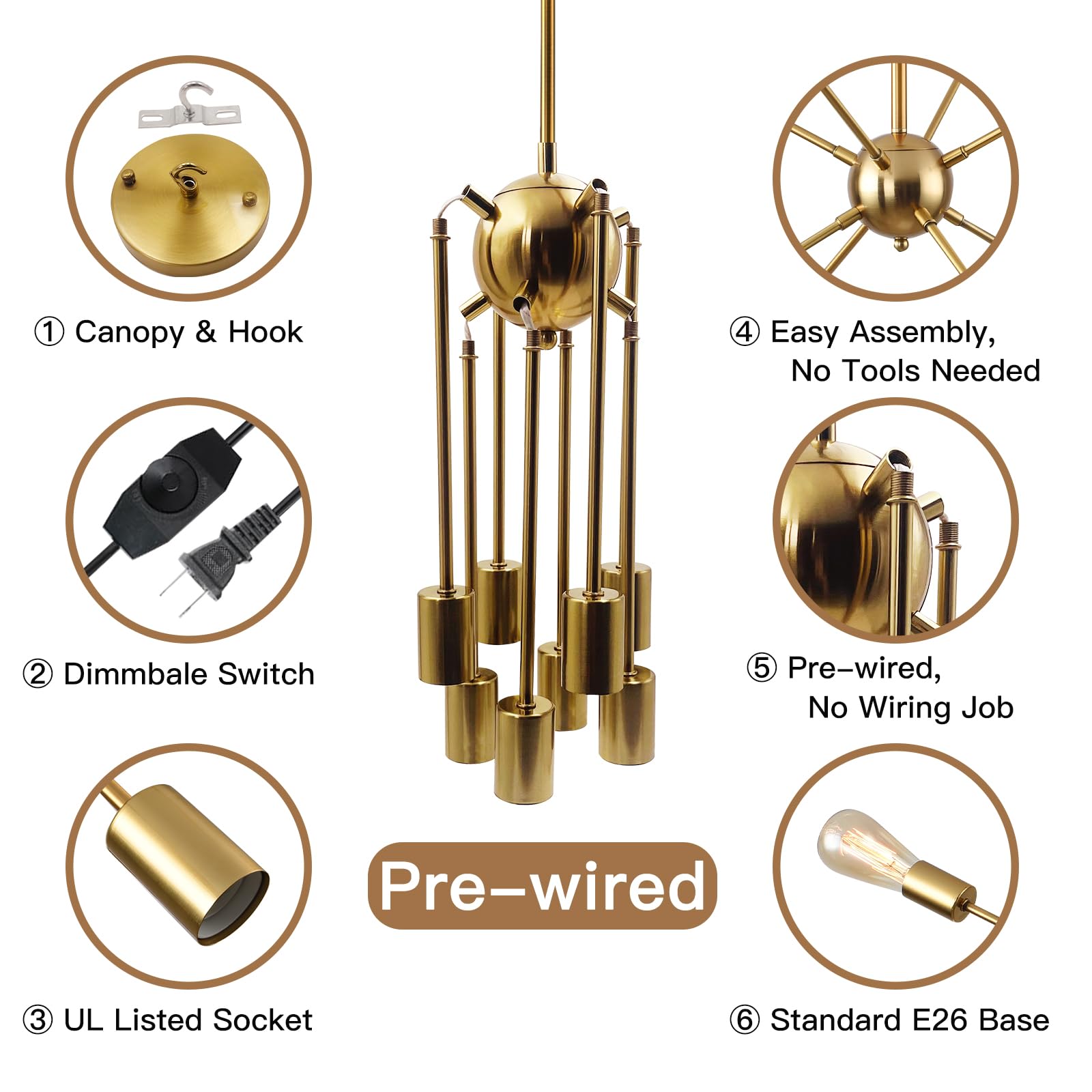 Hoxiya 26.3&quot; Dimmable Brass 8-Light Sputnik Chandelier, Modern Plug-In Pendant Light Fixture