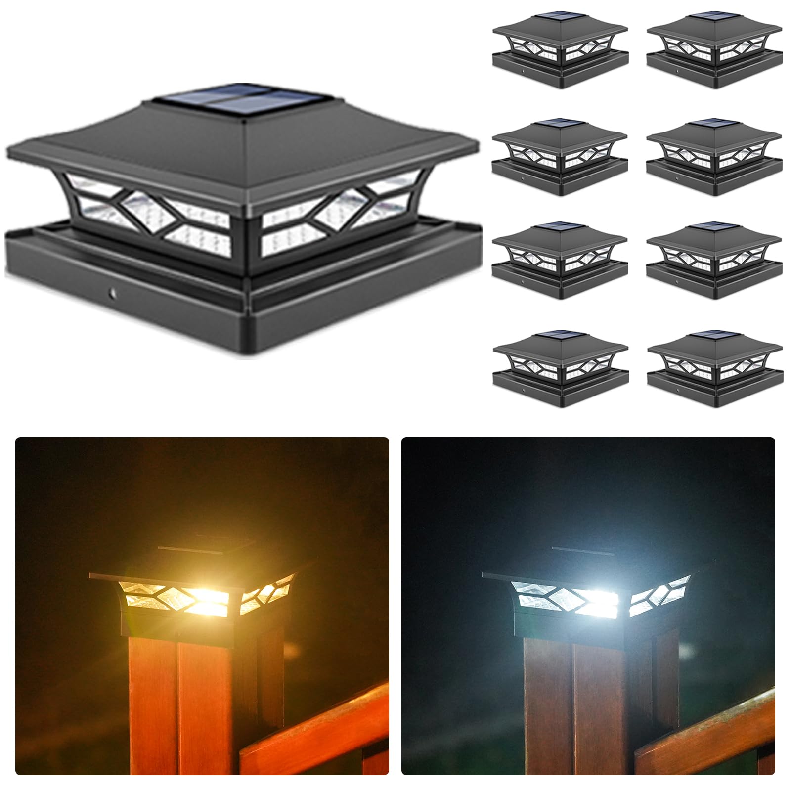 VOLISUN Solar Post Cap Lights - 8 Pack Outdoor Lights for 4x4/6x6 Posts, Waterproof, Warm White/Black, Model 21178ZM