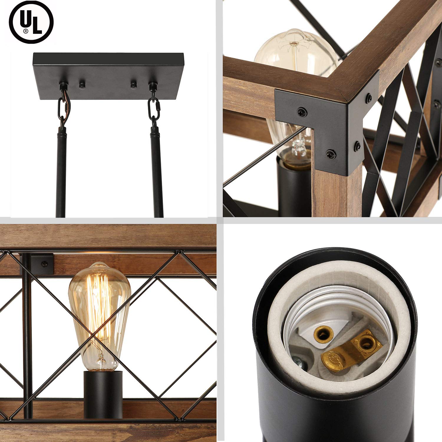 Giluta 5-Light Rectangle Wood Chandelier, Metal Farmhouse Pendant Lighting, Model C0080, UL Listed
