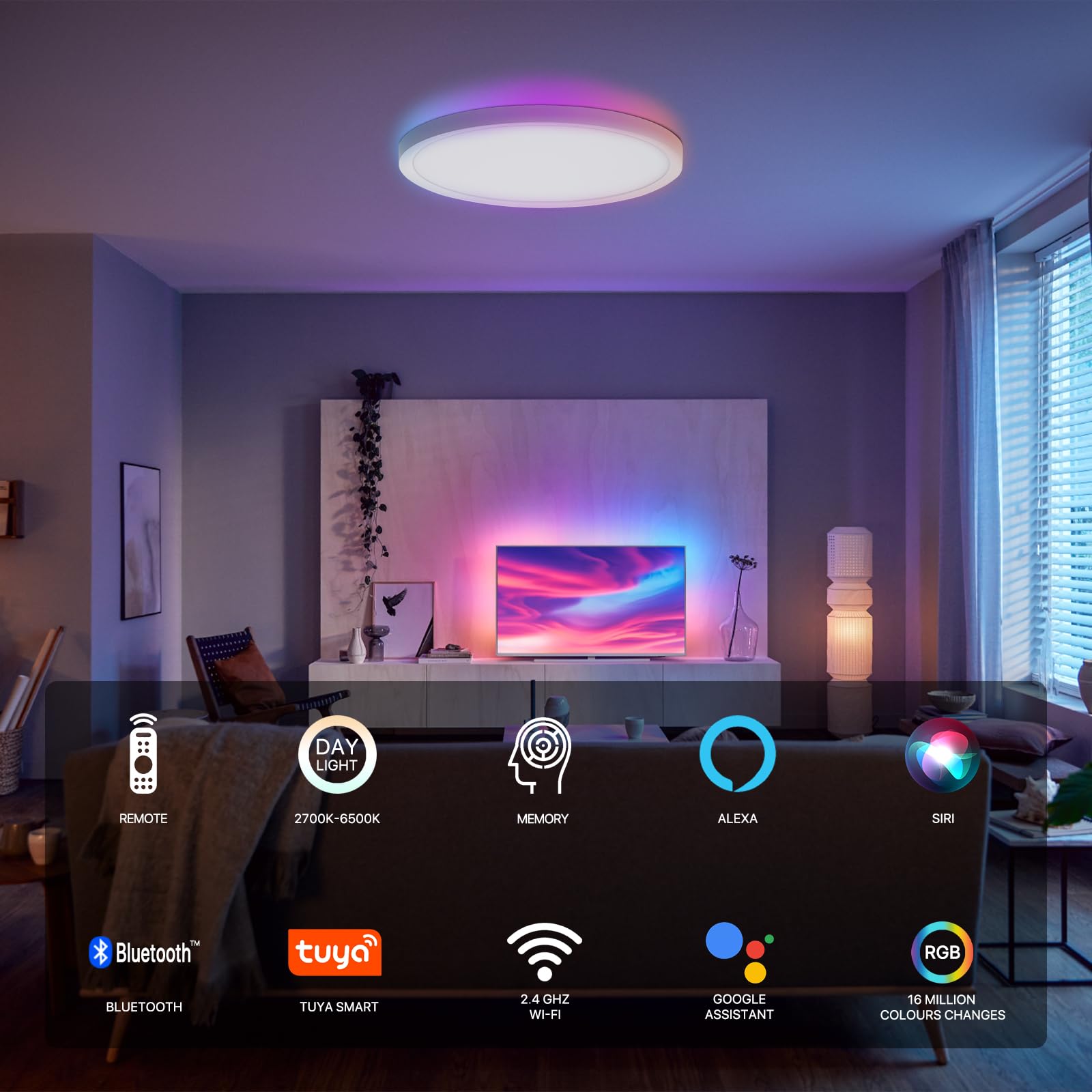 Dcvoltfield Smart Led Ceiling Light Flush Mount, 16 Inch Rgb, Dimmable 3000K-6500K, Night Light 2000K, Memory Function, Compatib