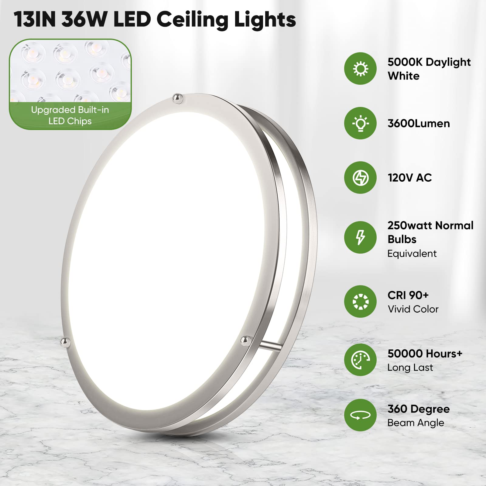 36W 3600Lm Super Bright Led Ceiling Light Fixtures, 2Pack Modern Flush Mount Ceiling Lights Daylight White 5000K, 13 Inch Dimmab