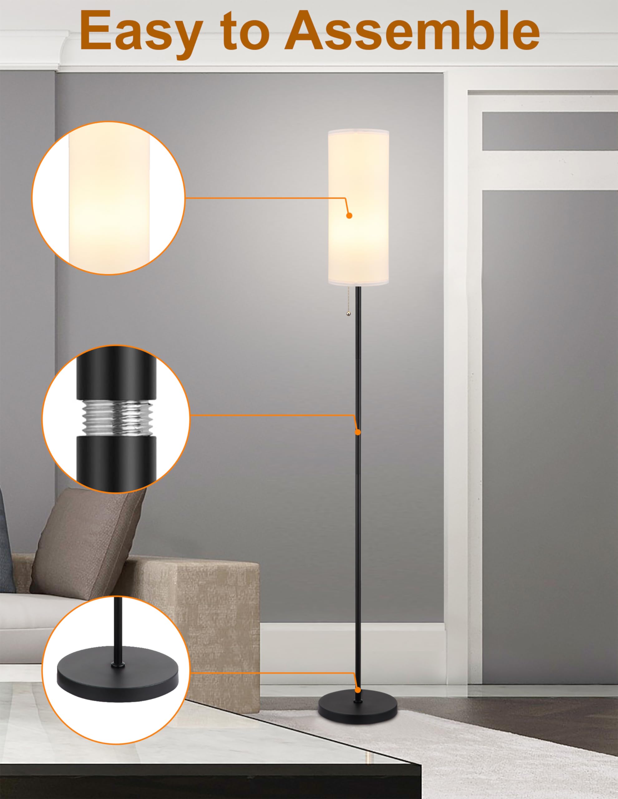 Floor Lamp For Living Room, Modern Standing Lamps With Lampshade, Minimalist Tall Lamp With Chain Switch For Living Room, Bedroo