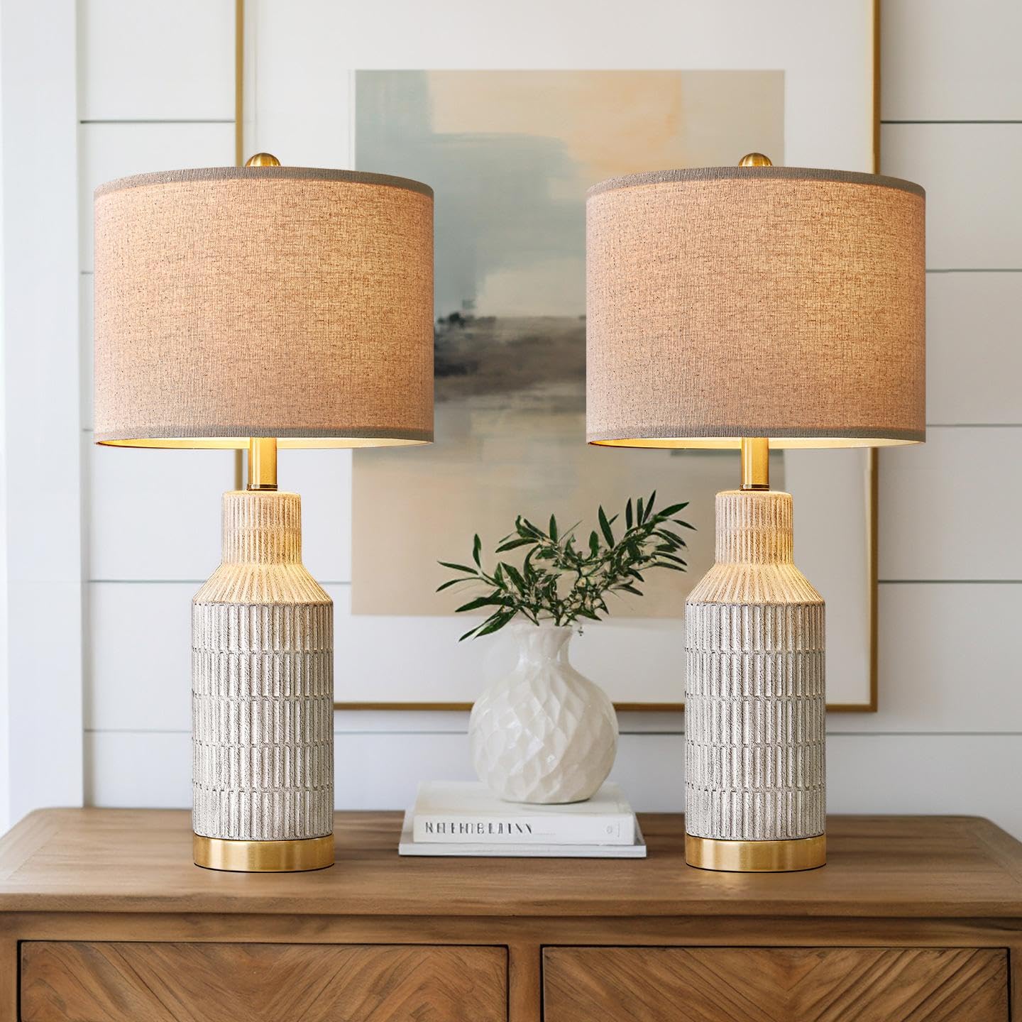 USumkky 25'' Table Lamps Set of 2 - Bedside Lamps - Modern Lamps for Living Room - White Washed Ceramic Bedroom Lamps Set of 2 -
