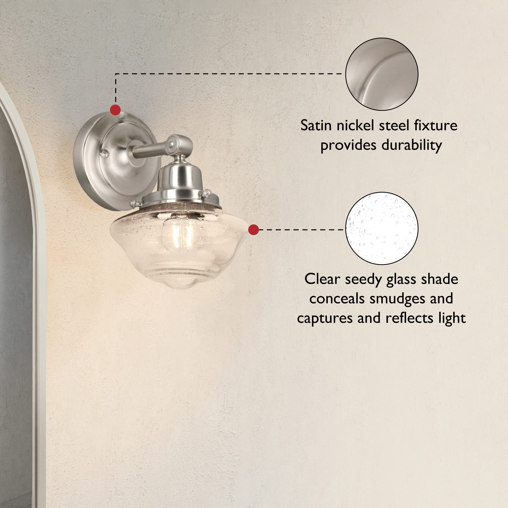 Design House Vintage-Inspired Schoolhouse Wall Sconce, 6.625 in x 7.625 in x 9.5 in, Satin Nickel, Clear Seeded Glass Shade, 589