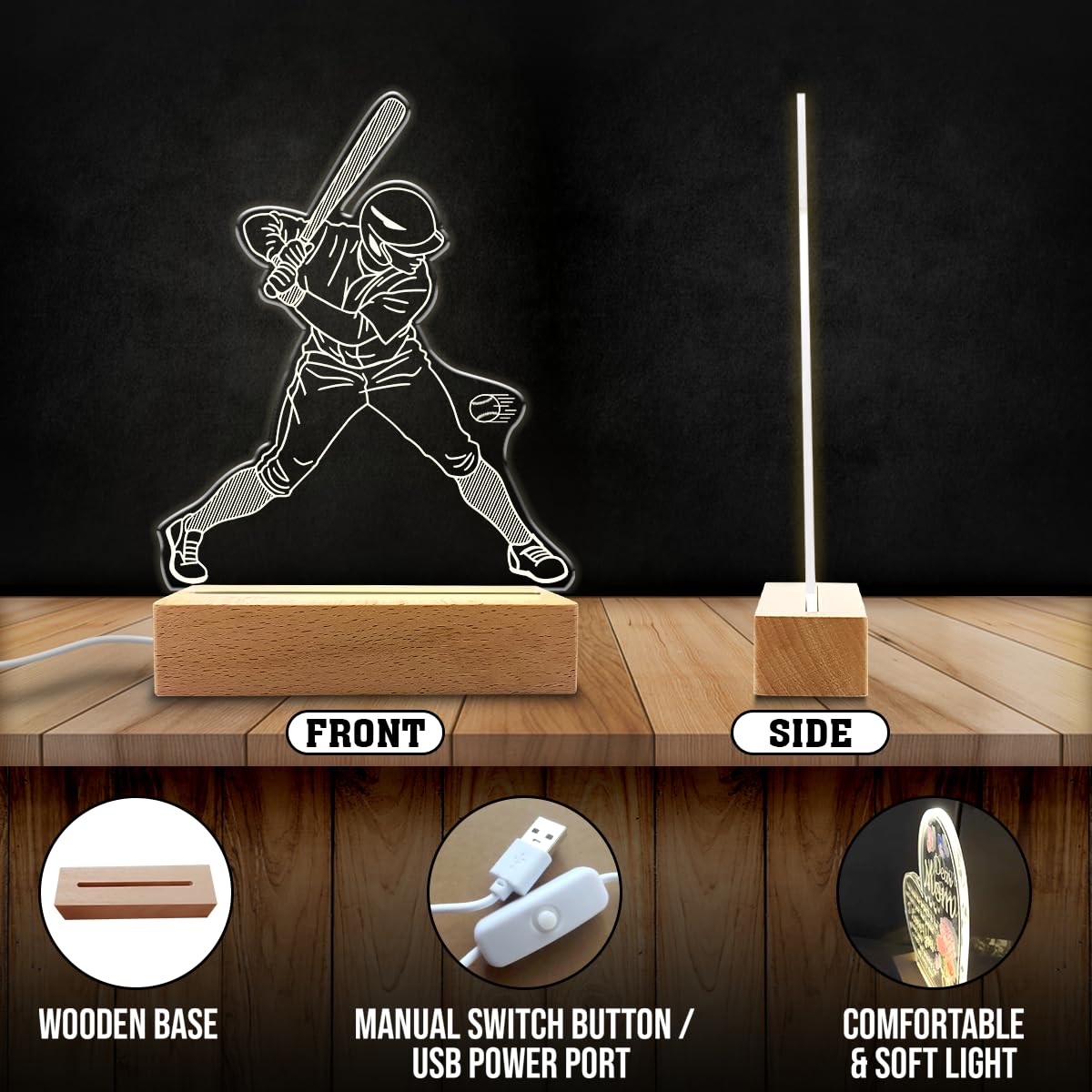 Sandjest Baseball Night Light - Baseball Lover Illusion Lamps - Desk Home Decoration Lamp Bedroom Decor - Gifts For Boys Girls