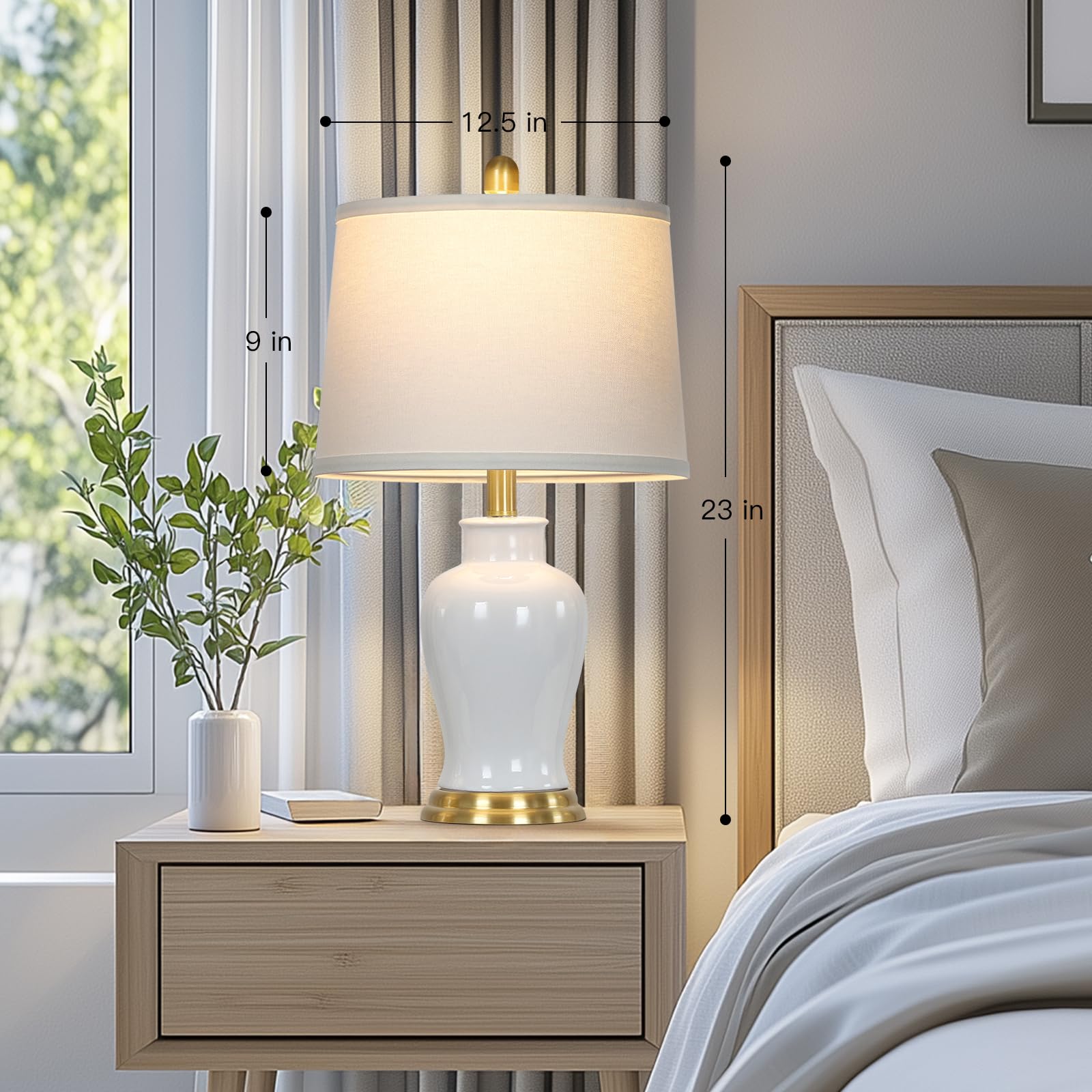 Modern Ceramic Table Lamps Set Of 2, 23'' White Ceramic Lamps For Living Room, Rustic Farmhouse Bedside Lamp With Ginger Jar Des
