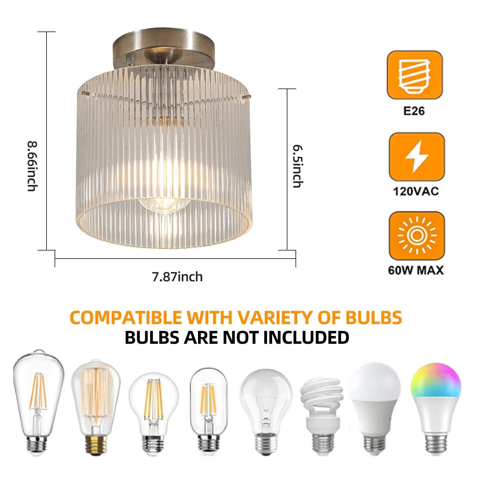 Wochos Modern Semi Flush Mount Ceiling Light, Industrial Clear Glass Ceiling Light Fixture, Crystal Ceiling Lamp, Modern Ceiling