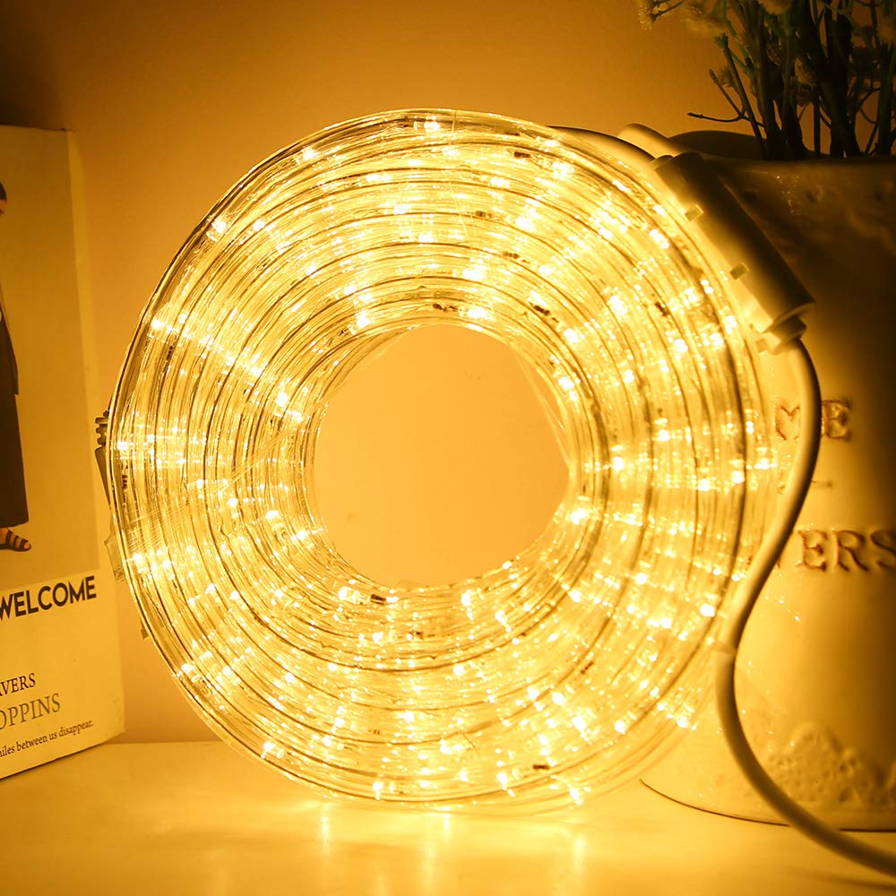 DINGFU 33ft LED Rope Lights,110V 2 Wire Connectable Christmas Rope Lights Outdoor,240 LED Waterproof Indoor Outdoor Warm Rope Li