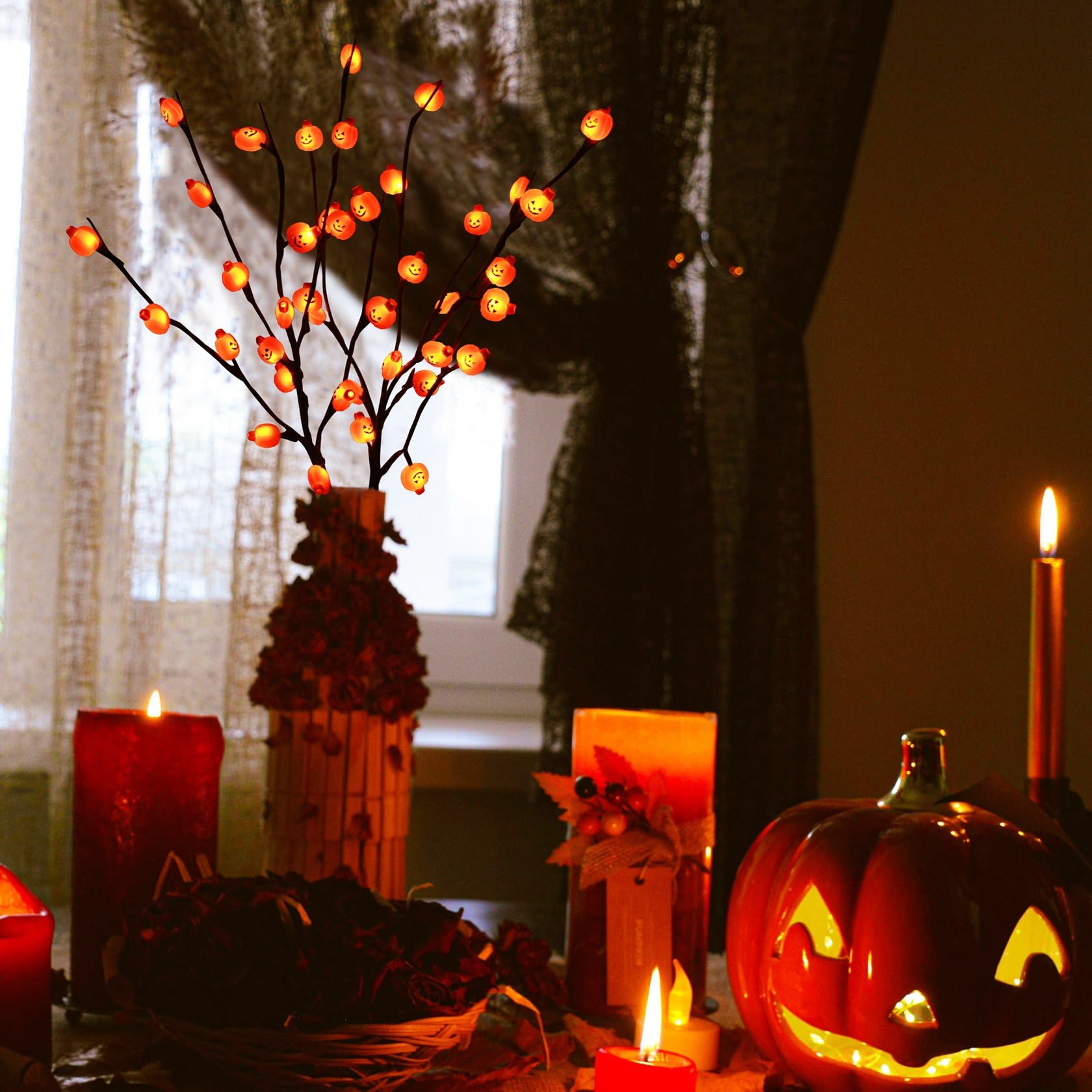 Halloween Lighted Tree Branches Decoration, Indoor Outdoor 2PCS Artificial Lit Twig Branch with Pumpkins Orange Fairy Lights, Ba