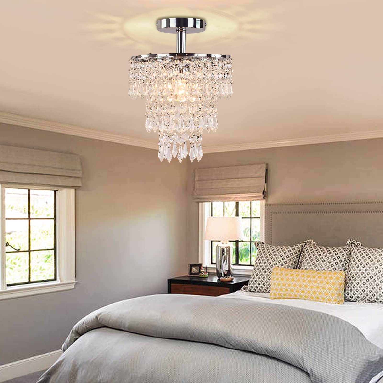 Frixchur 3-Tier Crystal Chandelier, Chrome Led Pendant Light For Bedroom & Living Room