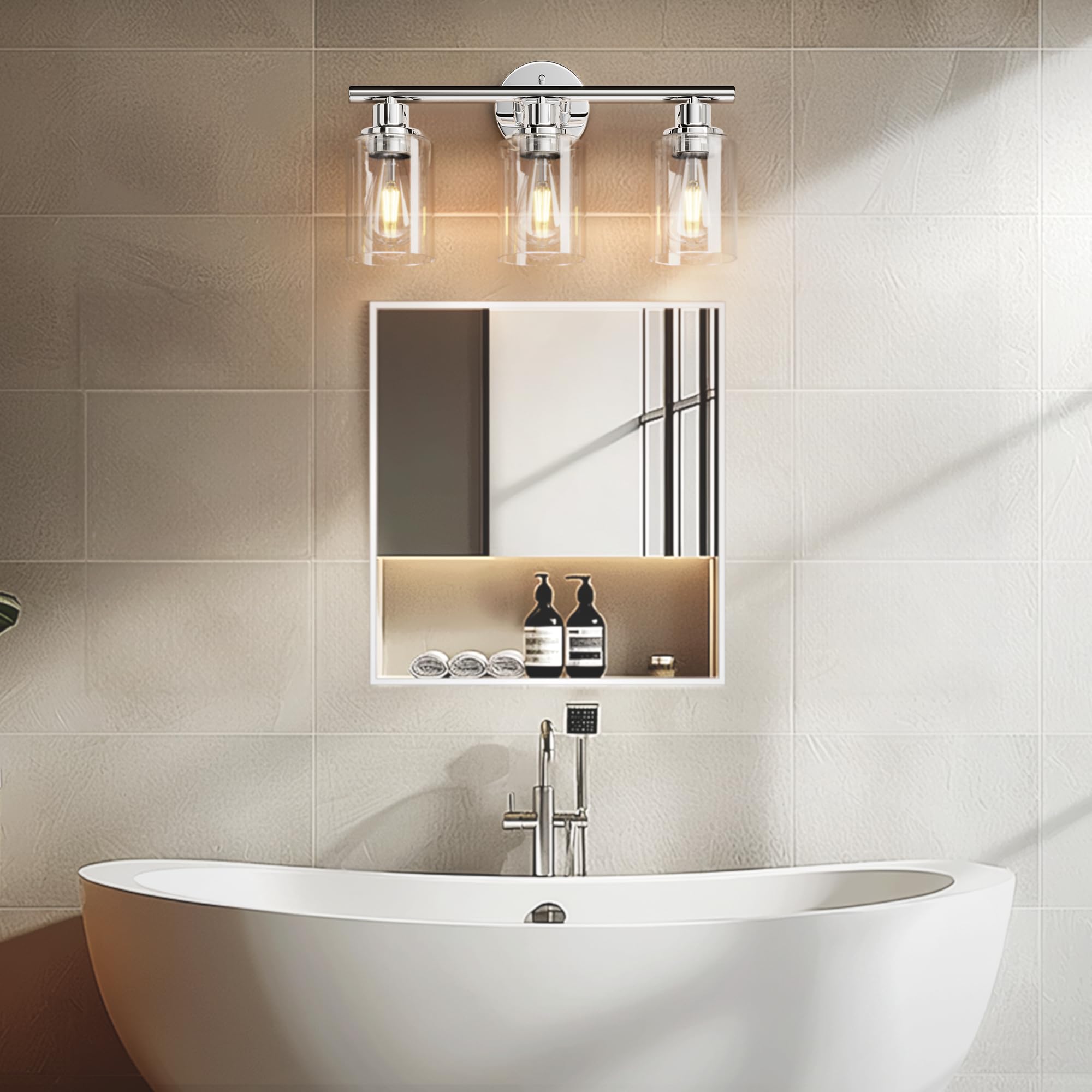 Weyderk Chrome Bathroom Vanity Light - 3 Light Bathroom Light Fixture With Clear Glass Shades, Ul Certification & E26 Base, Chrome Bathroom Vanity Lights Over Mirror For Bathroom