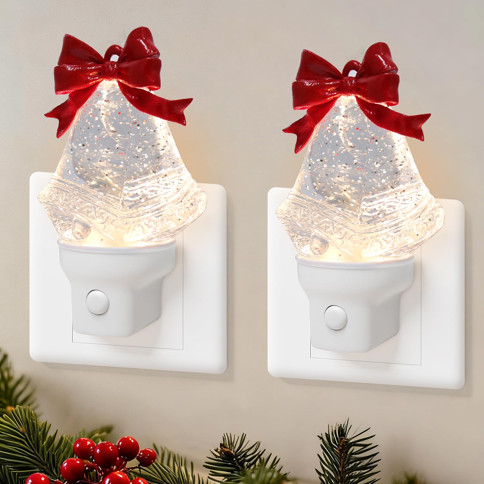 2 Pack Christmas Bell Night Light Plug into Wall Glitter Water Nightlight with USB/Outlet Options  Christmas Decorative Nightlight for Bedroom Kitchen Nursery Holiday Decorations Gifts (Bell)