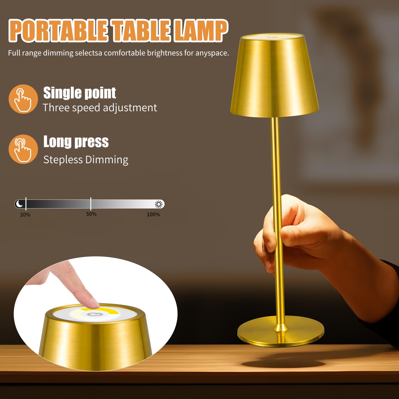 Zoeger 2 Pack Cordless Table Lamp,Portable Led Desk Lamp, 6000Mah Battery Operated, 3 Color Stepless Dimming Up, For Restaurant/Bedroom/Bars/Outdoor Party/Camping/Coffee Shop Night Light(Gold)