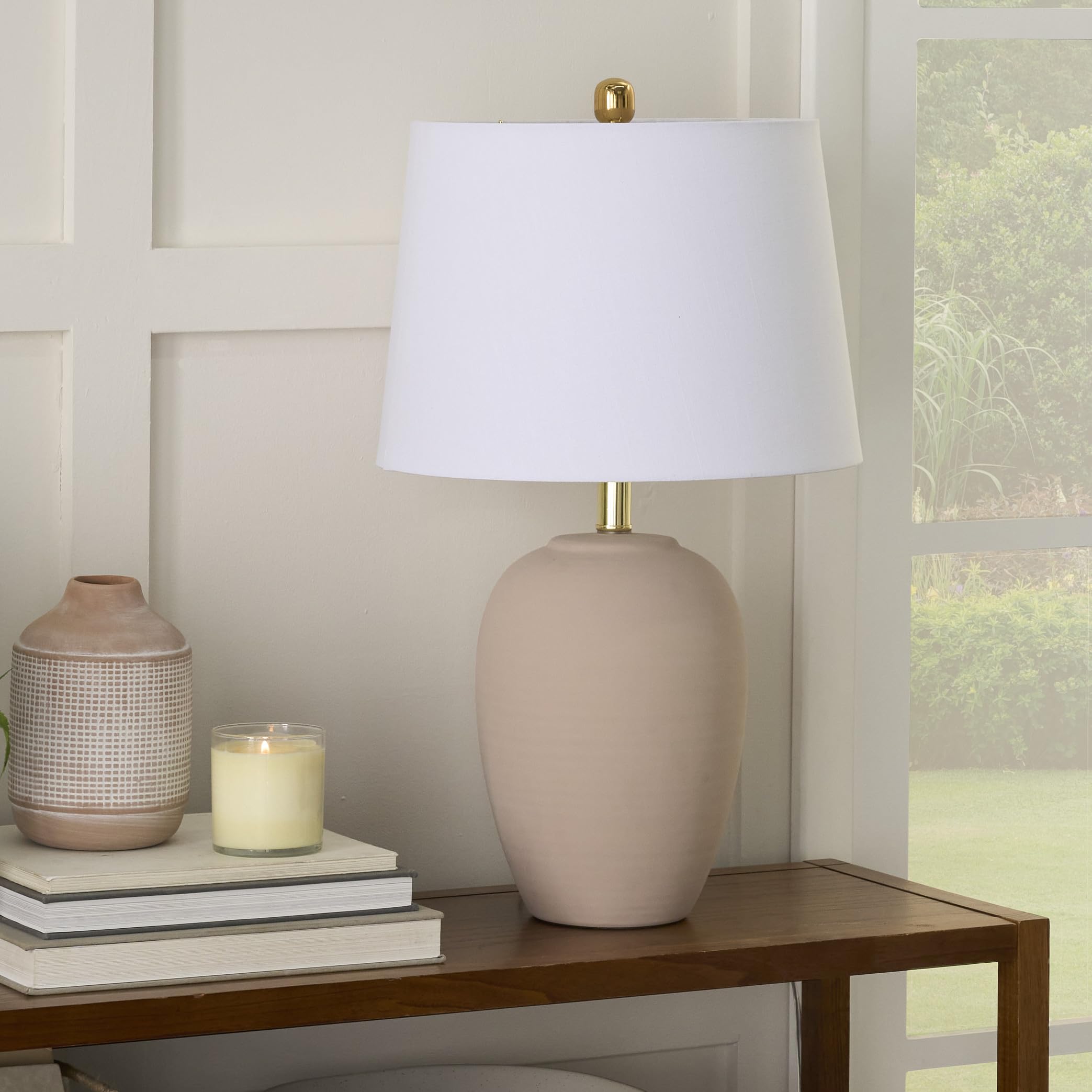 Nourison 23'' Light Pink Ceramic Jar Table Lamp for Bedroom, Living Room, Dining Office, with White Shade (Pack of 1)