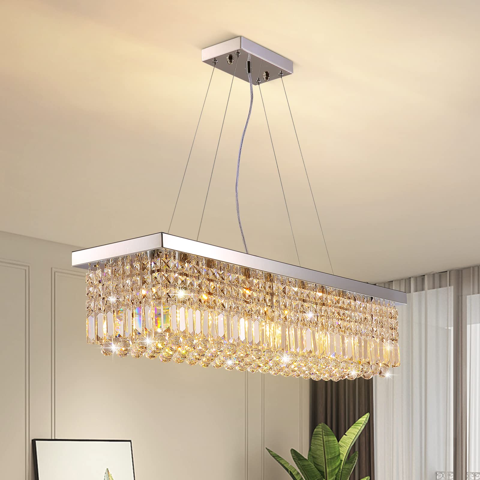 7PM Rectangle K9 Crystal Chandelier Pendant Light Fixture, Chrome, L40in x W10in x H10in, Iron, Model CL010602