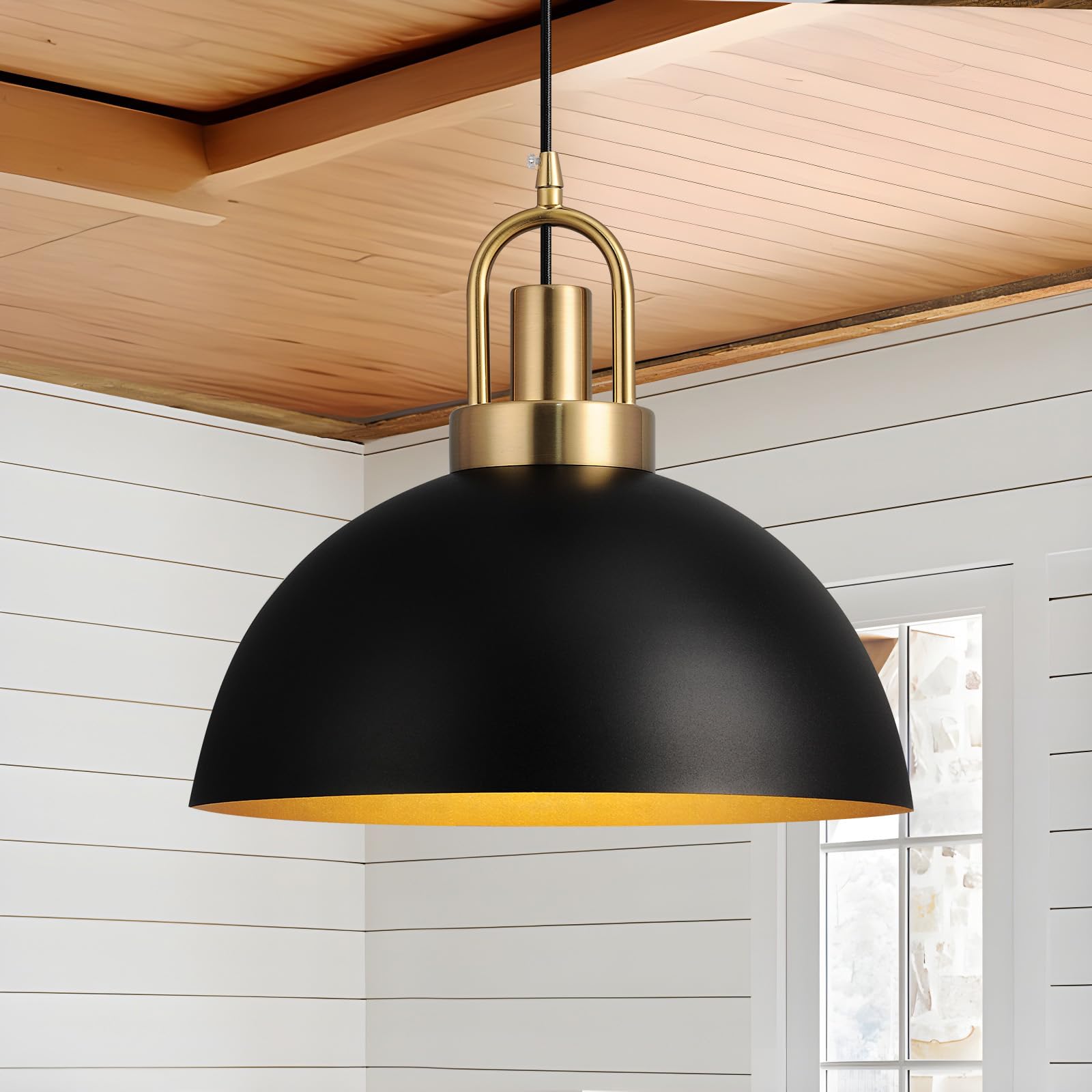 Eustace 13.7'' Matte Black And Gold Farmhouse Pendant Light, Adjustable Hanging Lamp,Industrial Ceiling Lights Fixture For Kitch