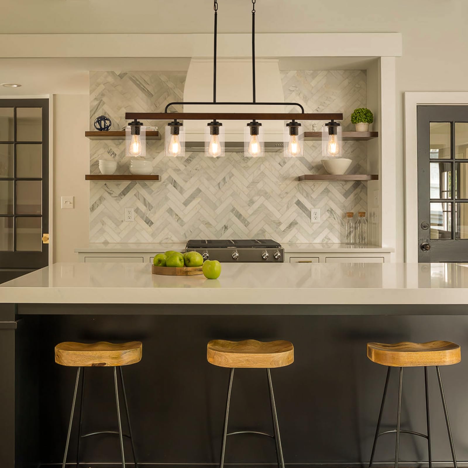 Farmhouse Chandelier 6-Light Dining Room Light Fixture Over Table Kitchen Island Lighting Rustic Chandeliers For Dining Light With Seeded Glass Shade Wood Pendant Lights Kitchen Island