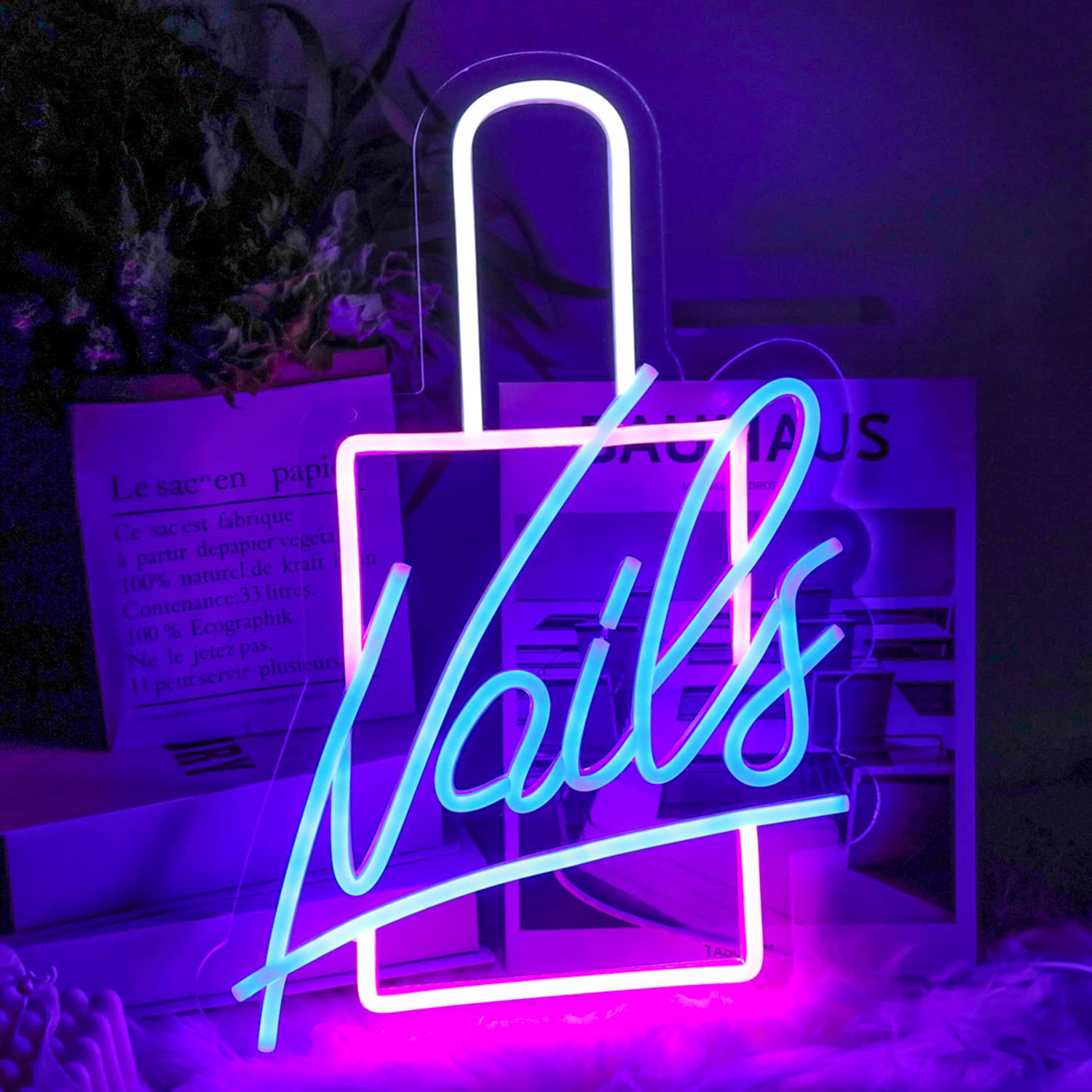CKTBLEY Neon Sign LED Wall Light - Acrylic Nail Polish Decor - Pink, Blue, White - Perfect for Bedroom and Beauty Room