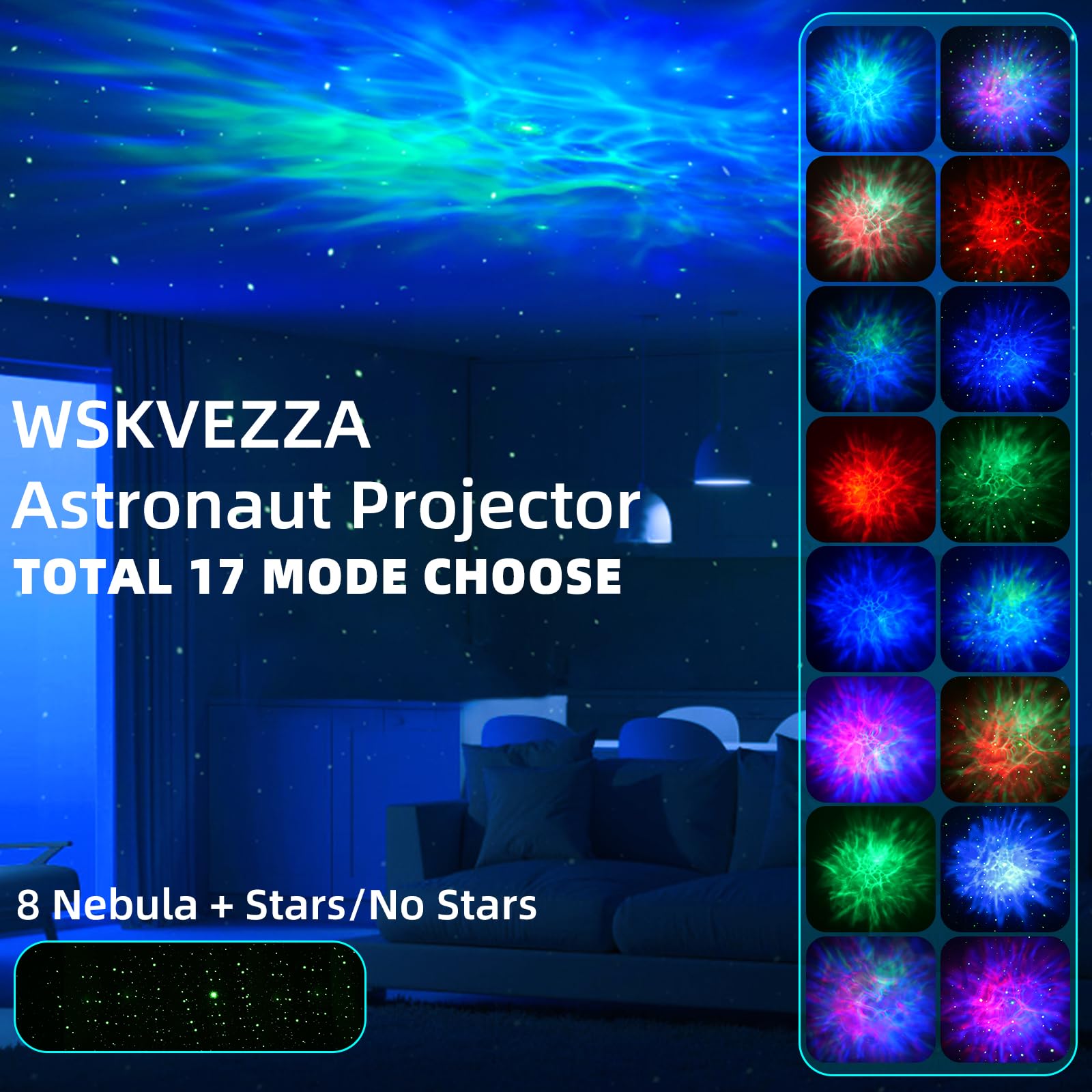WSKVEZZA Astronaut Galaxy Projector - LED Nebula Star Projector, 8 Modes, Remote Control, White, Model HR-F2, Kids Bedroom Gift