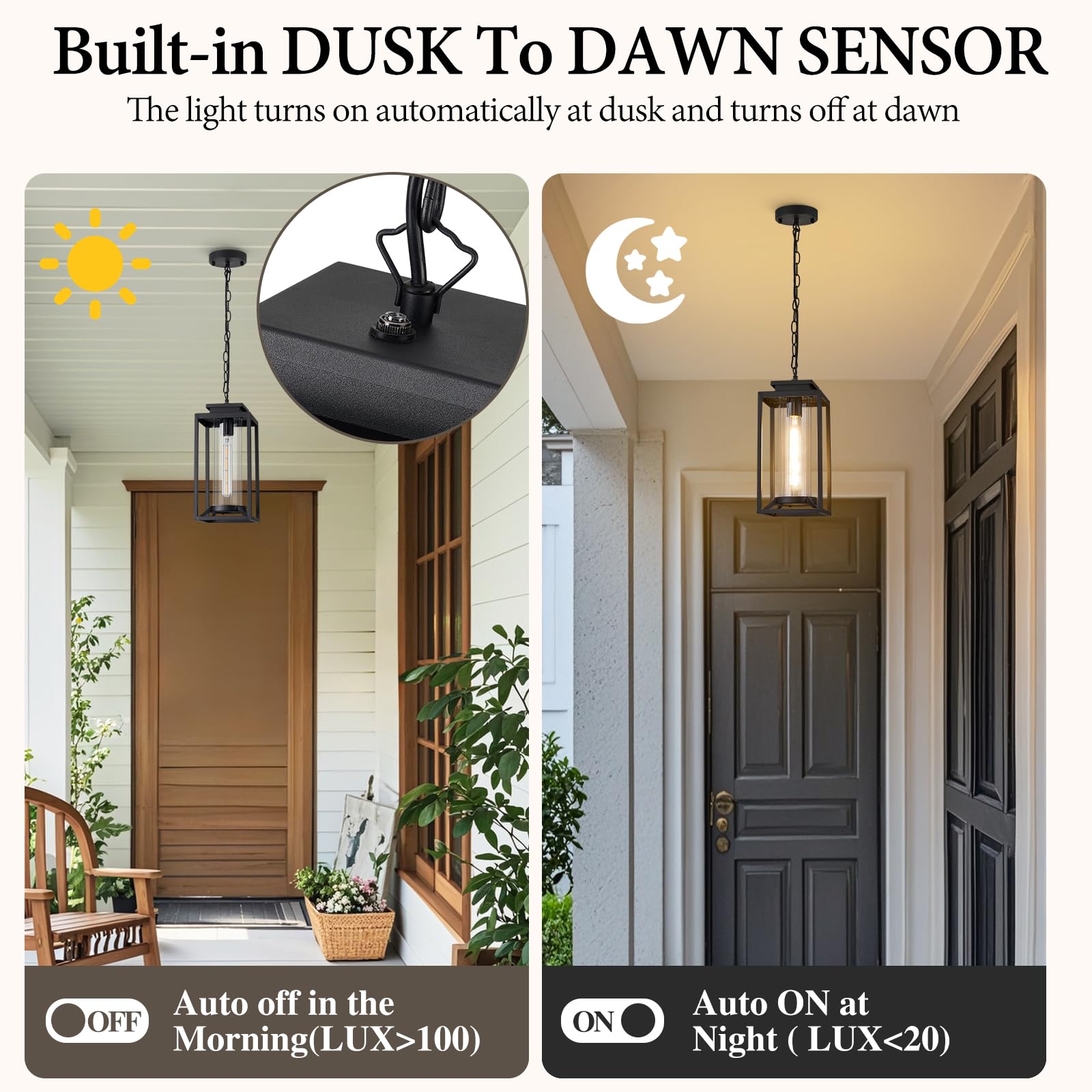Osimir Outdoor Pendant Light, 14'' Large Dusk To Dawn Outdoor Chandelier Lantern With Sensor, Black Modern Exterior Hanging Porc