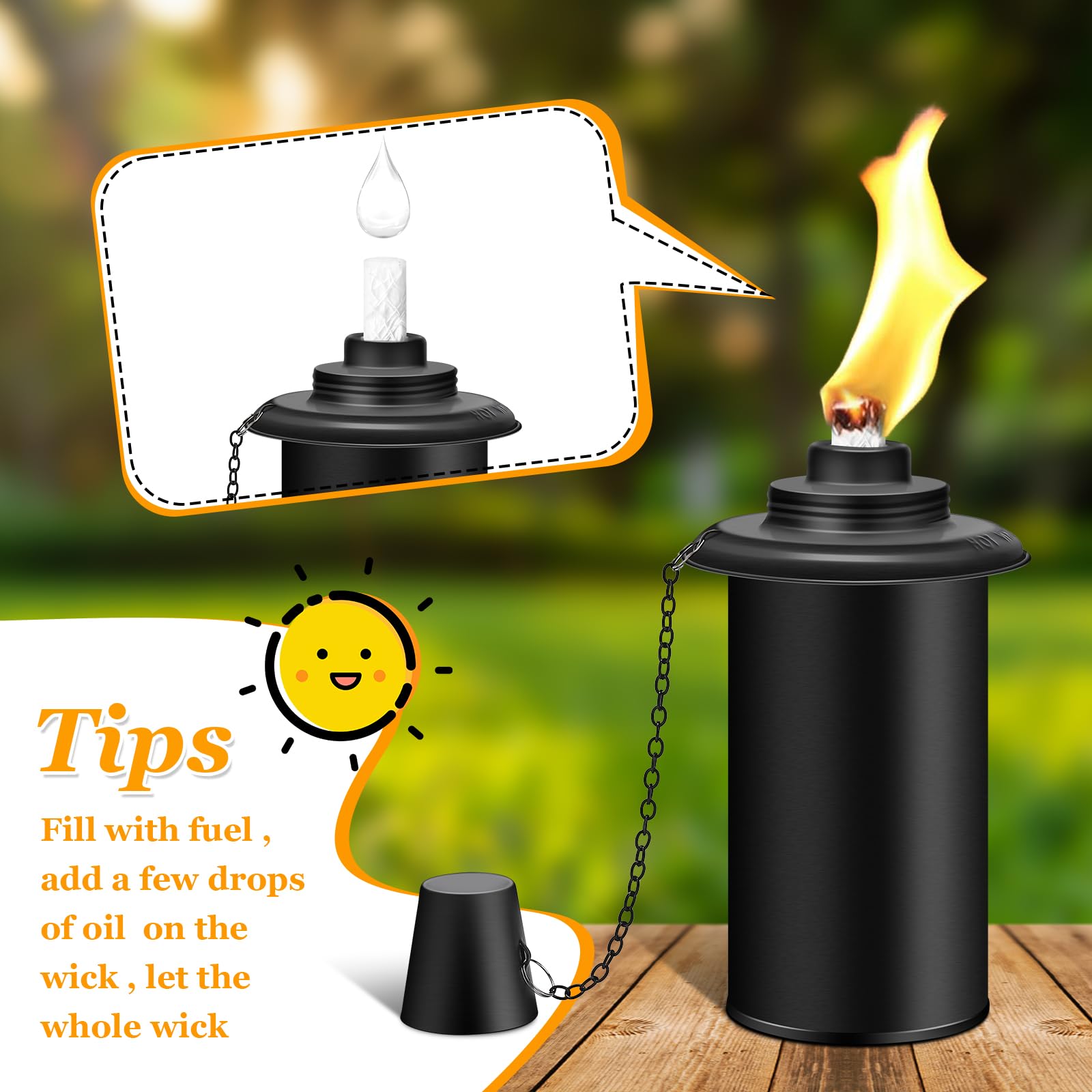 Fan-Torches 6 Pack Refillable Torch Canisters With Wicks & Caps - Outdoor Citronella Fuel