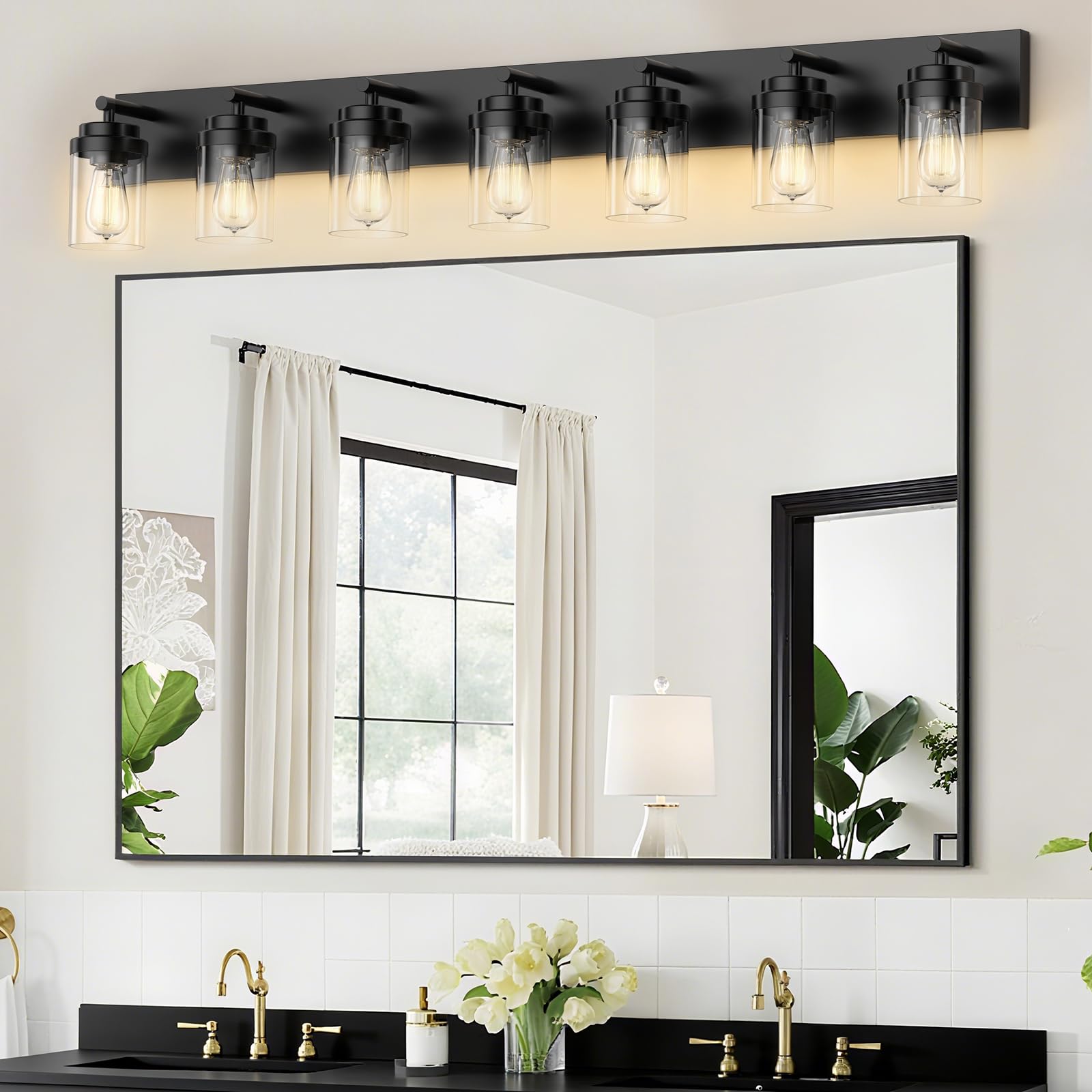 Izorro Bathroom Vanity Light Fixture  7-Light 51 Inch Matte Black Bathroom Light Fixtures Over Mirror  With Clear Glass Shade  Modern Farmhouse Vanity Lights  Rustic Restroom Lighting Fixtures