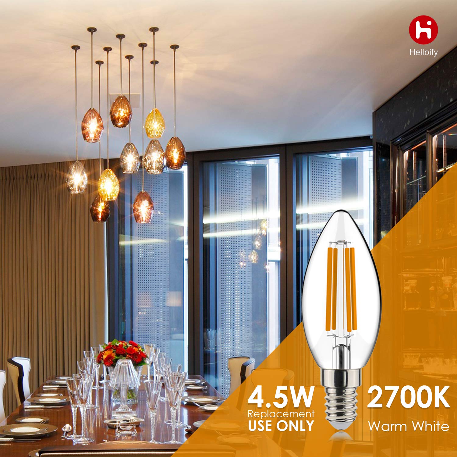 helloify BA11 Vintage LED Edison Candelabra Bulb, 60W Equivalent, 2700K Warm White, Clear Glass, E12 Base, 12 Pack