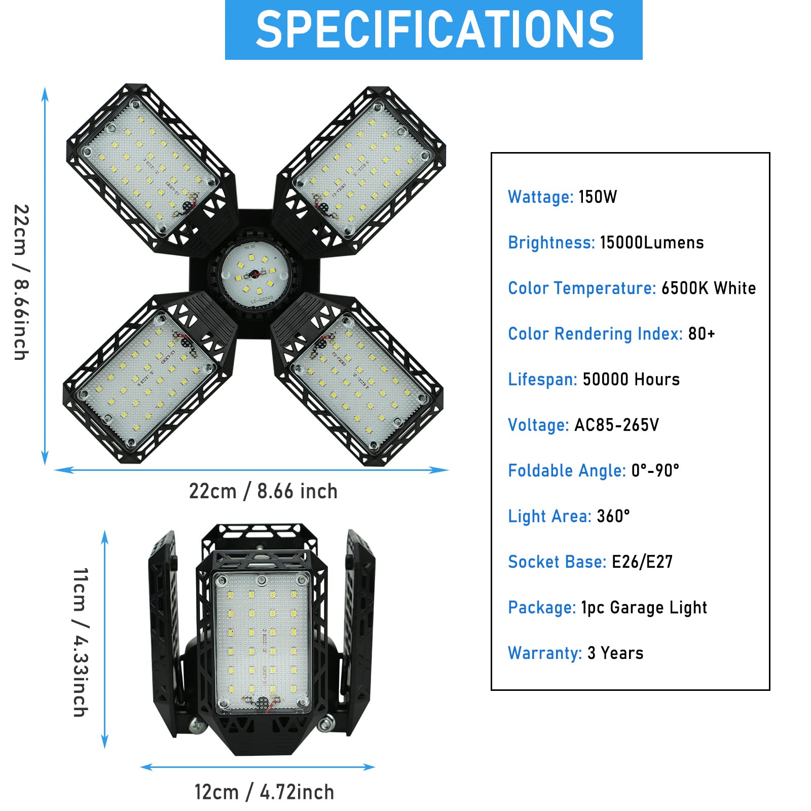 QiyuanLS 2-Pack LED Garage Lights, 150W Deformable Ceiling Lights, 15000LM, E26/E27, Black, ABS+Aluminum, Workshop Lighting