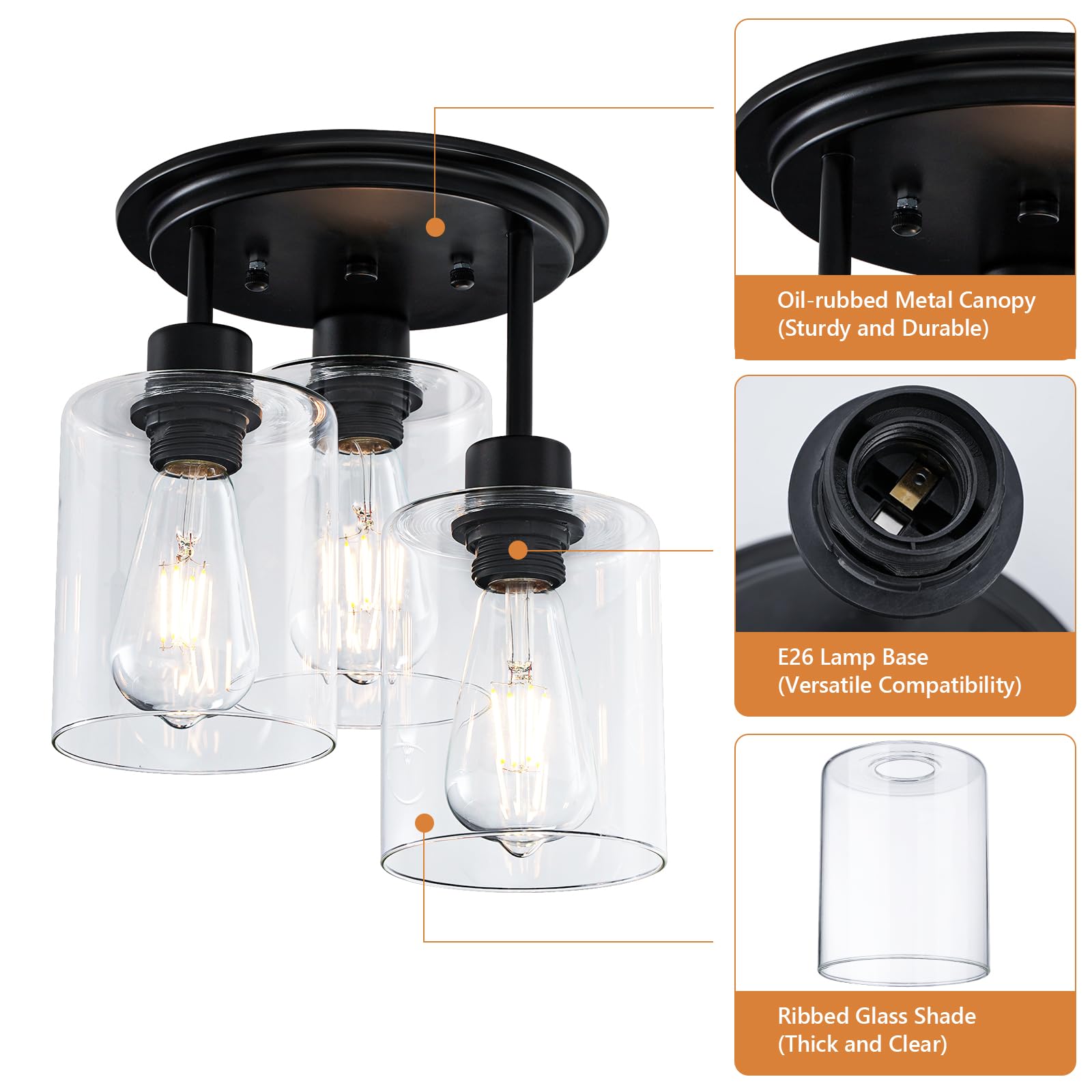 Semi Flush Mount Ceiling Light, 3-Light Ceiling Light Fixture Clear Glass Shades Black Kitchen Light Fixtures Close To Ceiling L