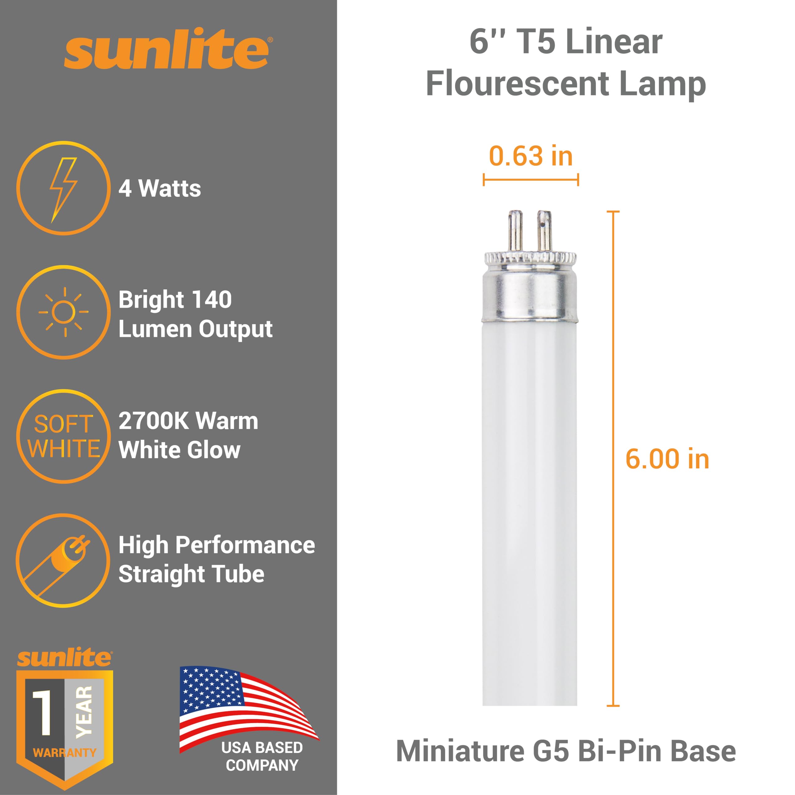 Sunlite T5 Linear Fluorescent Lamp 4W 140 Lumens 2700K Soft White Miniature G5 Bi-Pin Base 10 Pack