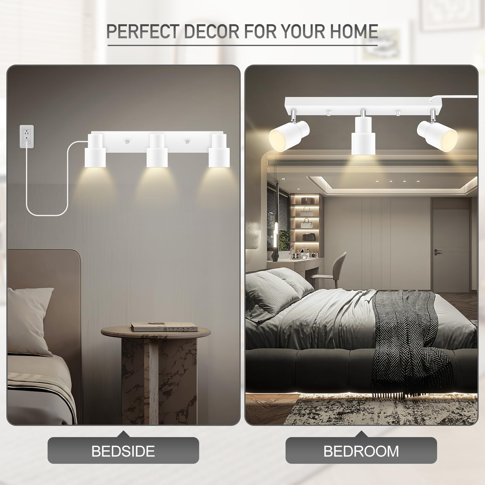 Plug-In Track Lighting Led, Track Light Fixtures Ceiling, White 3-Light Ceiling Lights For Kitchen, 3 Way Spotlight With Cord, Rotatable Wall Mount Light Head For Bedroom Hallway, Bulb Not Included