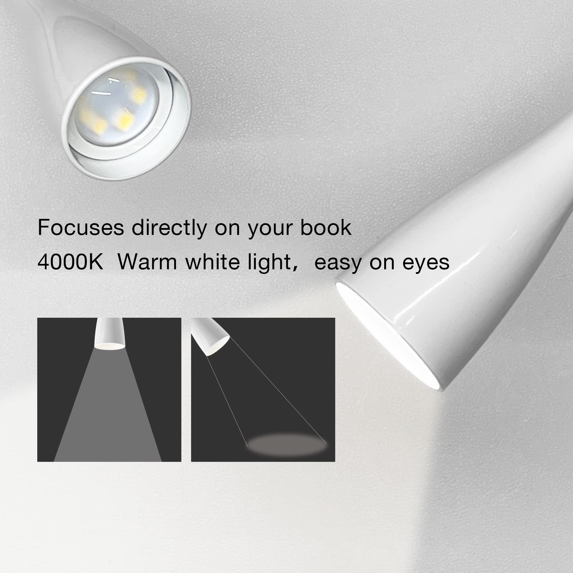 TOPMB Wall Mount Reading Light, USB Output, 5 Dimming Levels, White, Model WD6103, Flexible Gooseneck, Auto Off, Easy Install