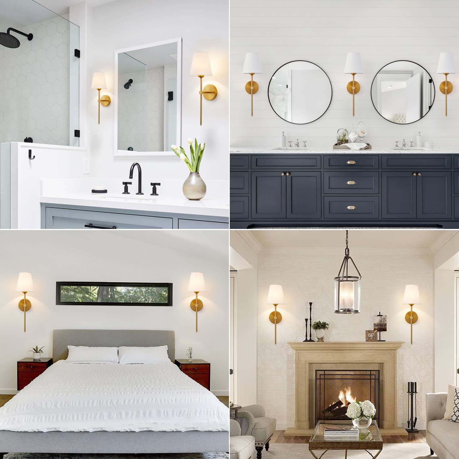 KUAUGST Wall Sconces Sets of 2, Retro Industrial Metal Lamps, Gold1, White Fabric Shade, Model Wall Sconces-002
